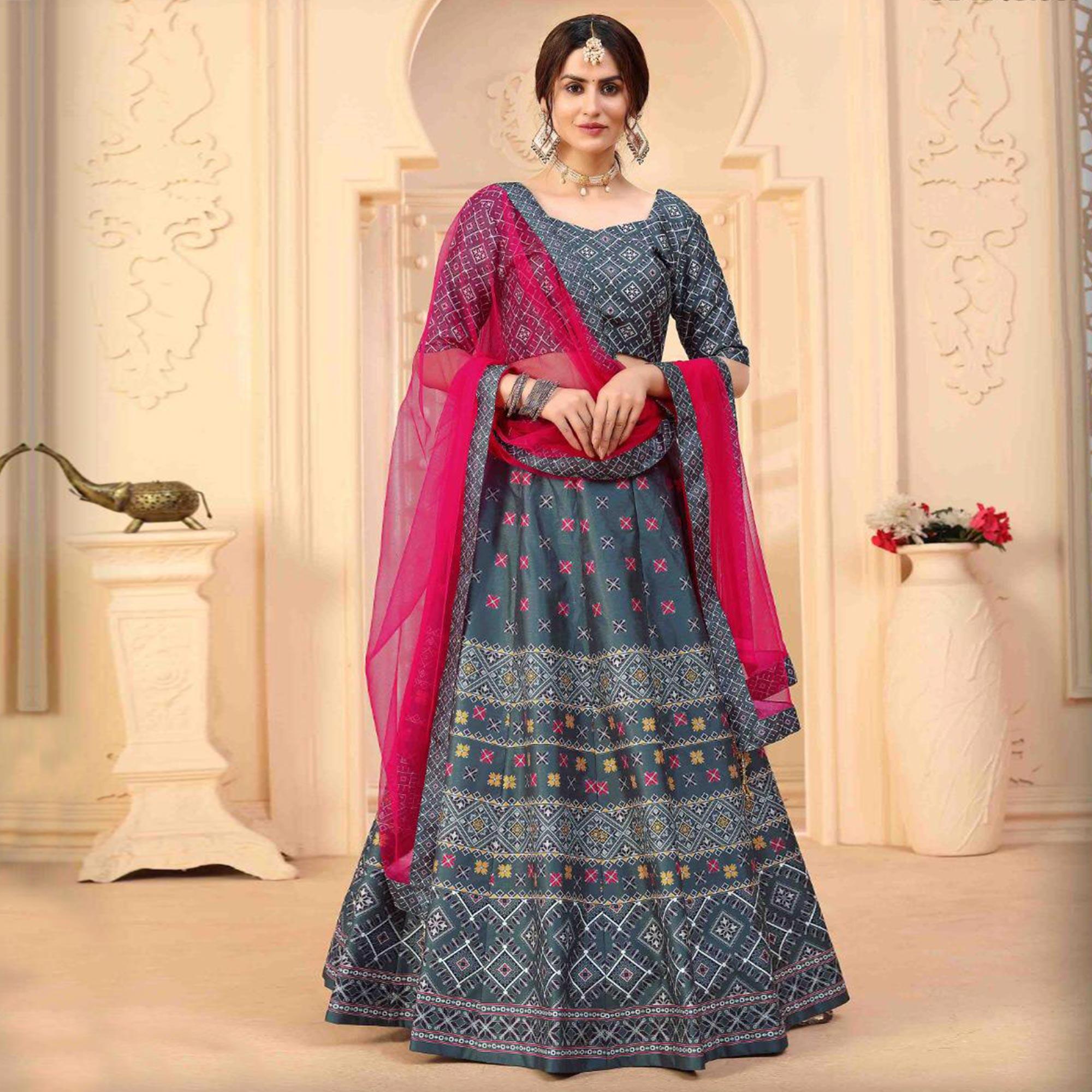 Peachmode Captivating Grey Coloured Partywear Digital Printed Art Silk Lehenga Choli