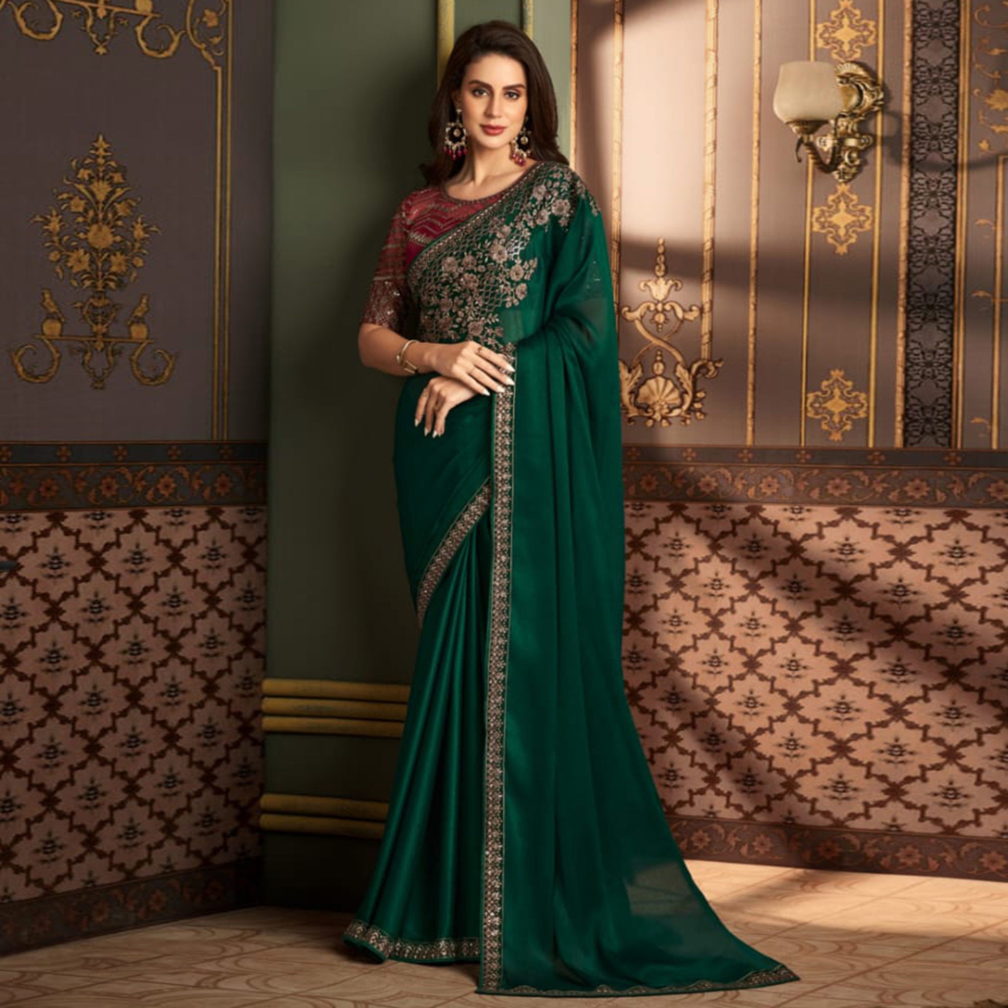 Peachmode Bottle Green Floral Sequins Embroidered Satin Saree - view 2