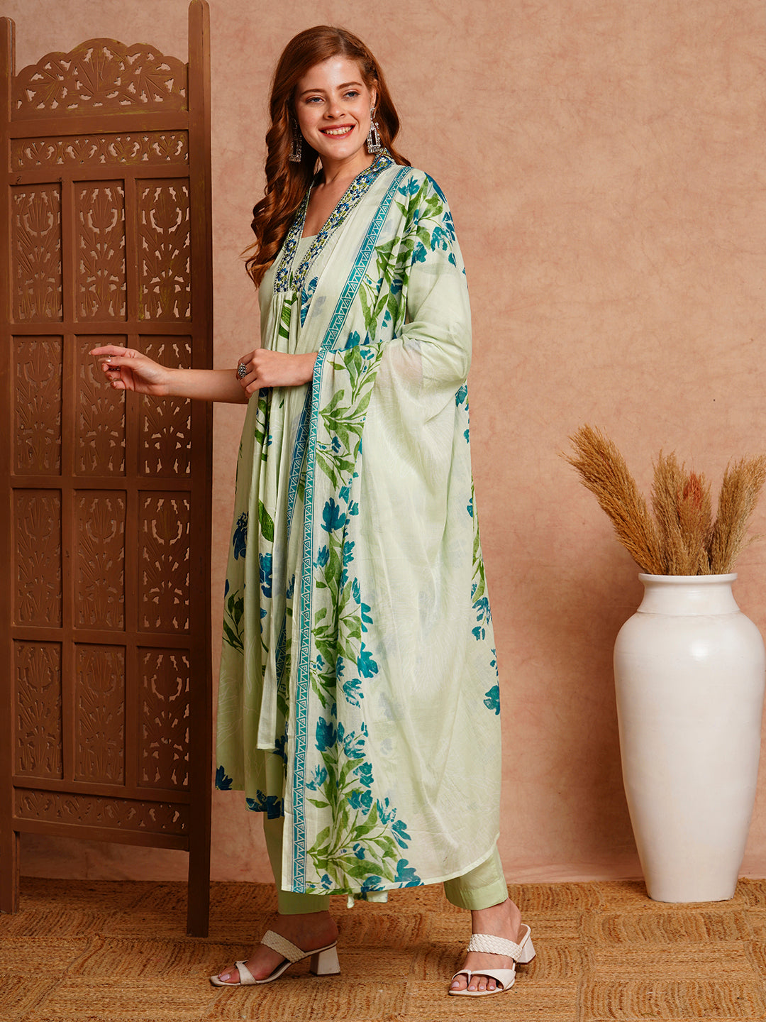 FASHOR Floral Printed & Embroidered A-Line Paneled Kurta with Pant and Dupatta - Mint Green - view 4