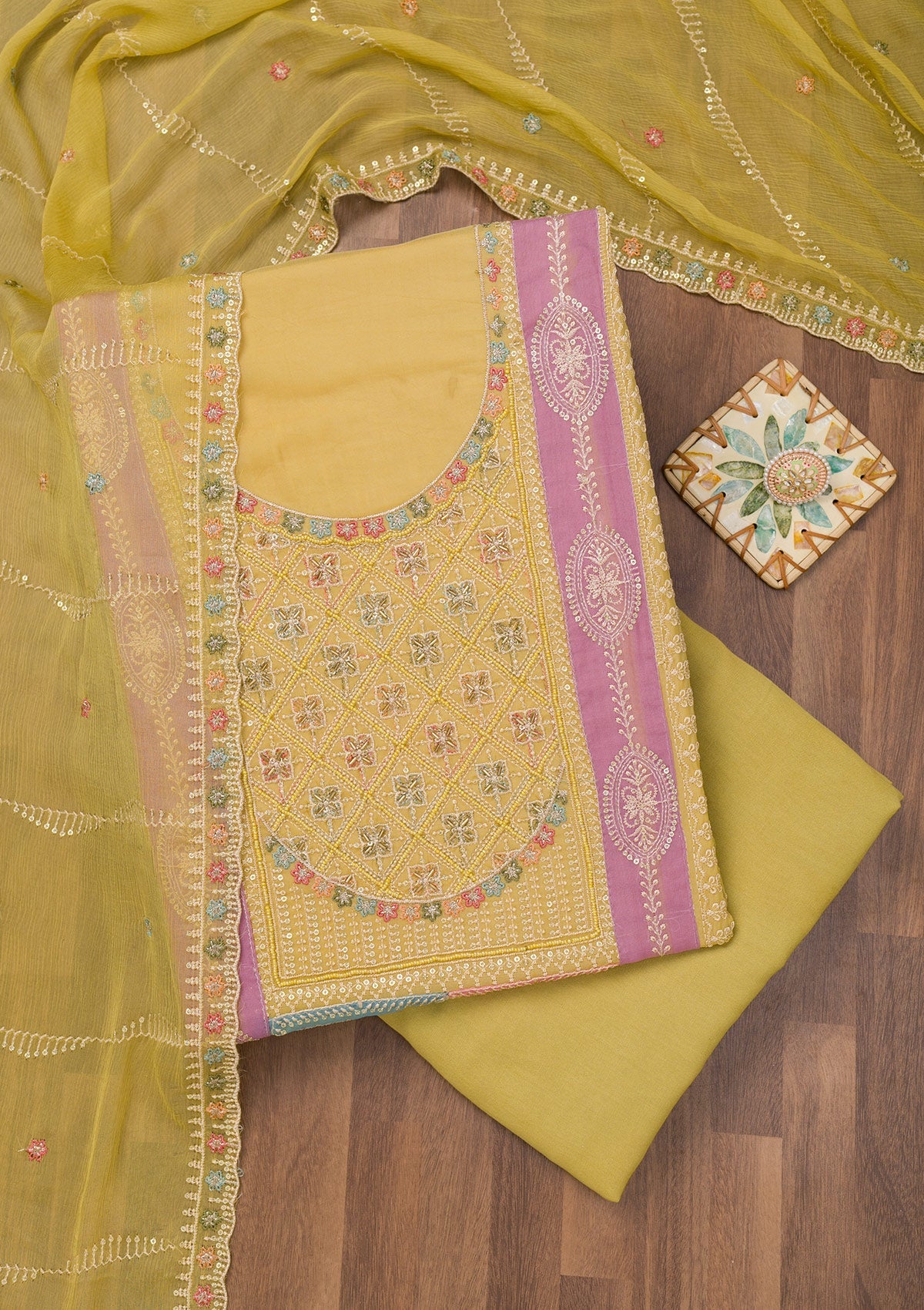 Koskii Mehendi Threadwork Semi Crepe Unstitched Salwar Suit