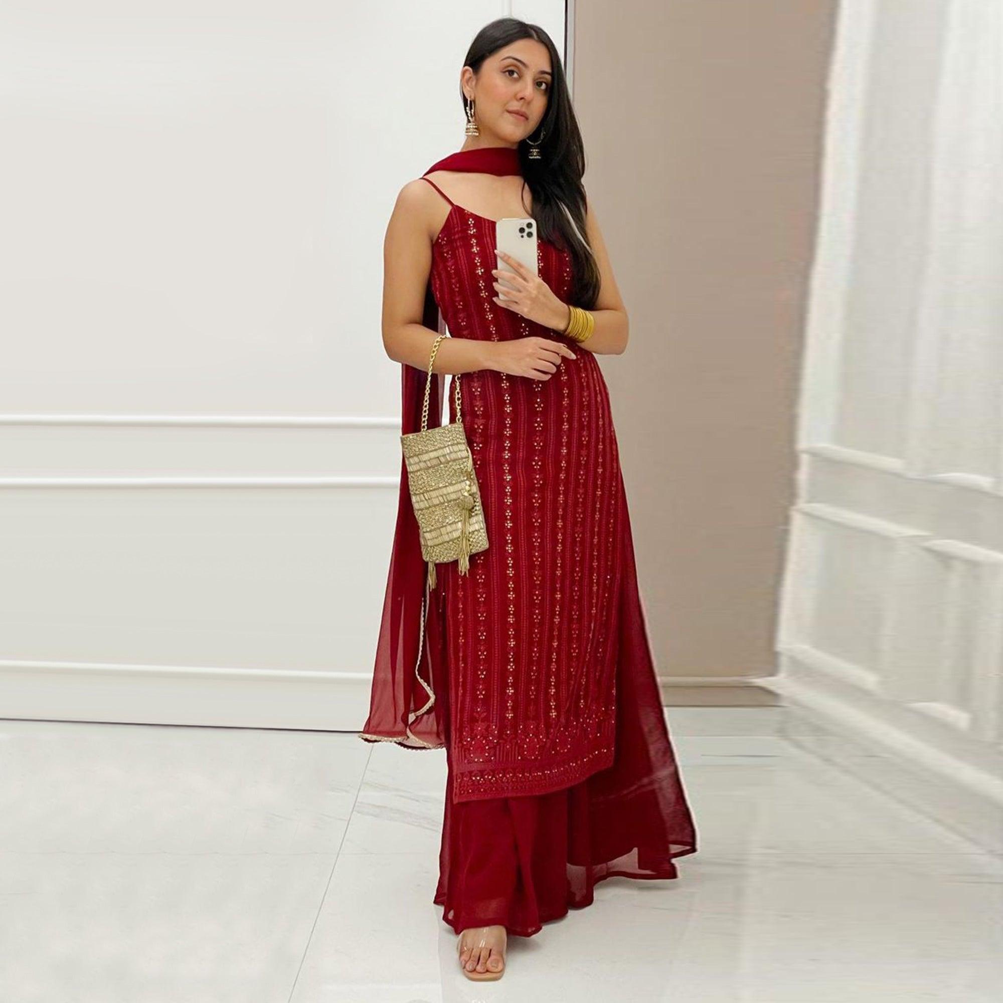 Peachmode Seller Light Maroon Partywear Lakhnavi Sequins Embroidered Georgette Palazzo Suit with Dupatta - view 2