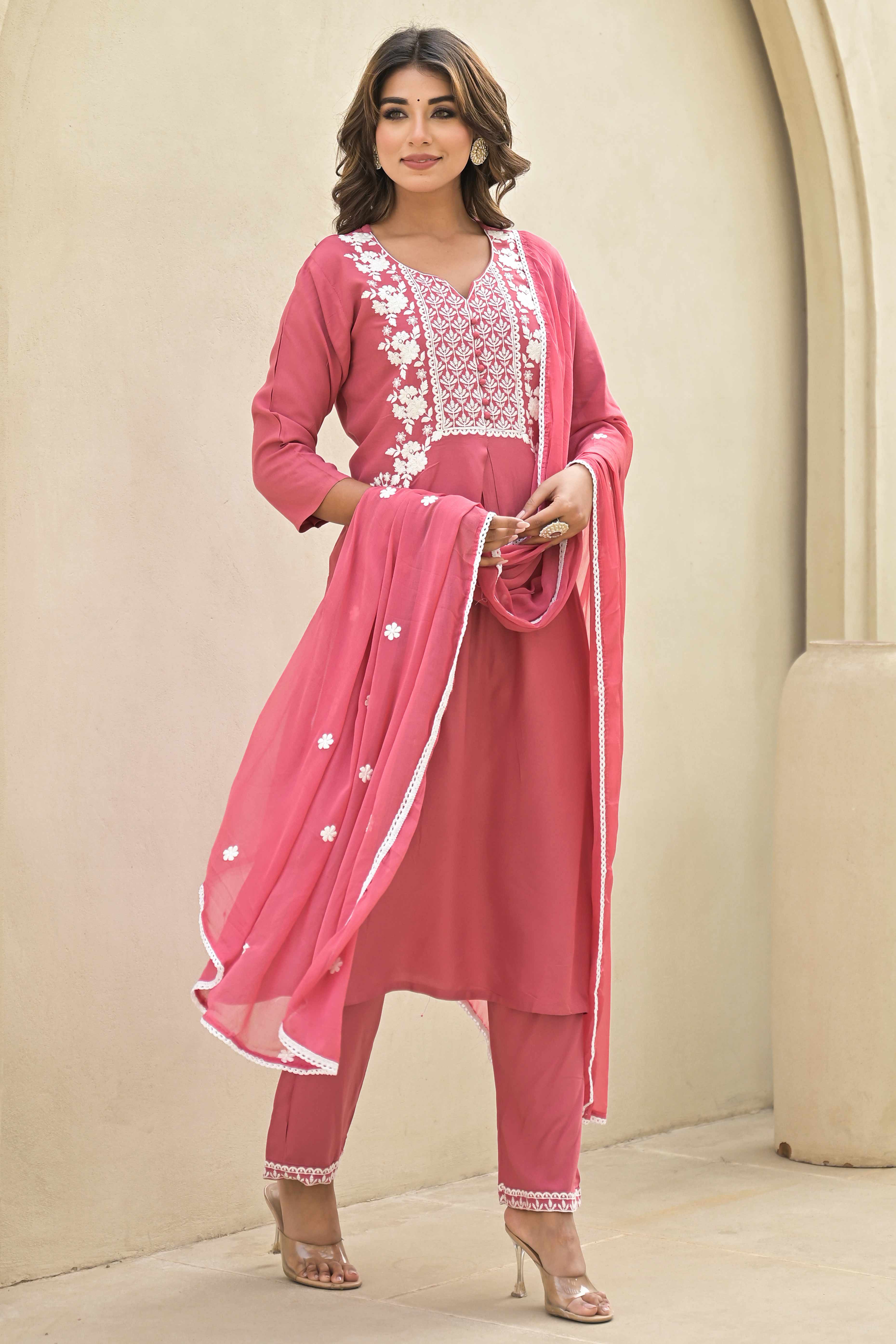 Peachmode Gajri Pink Floral Embroidered Rayon Salwar Suit