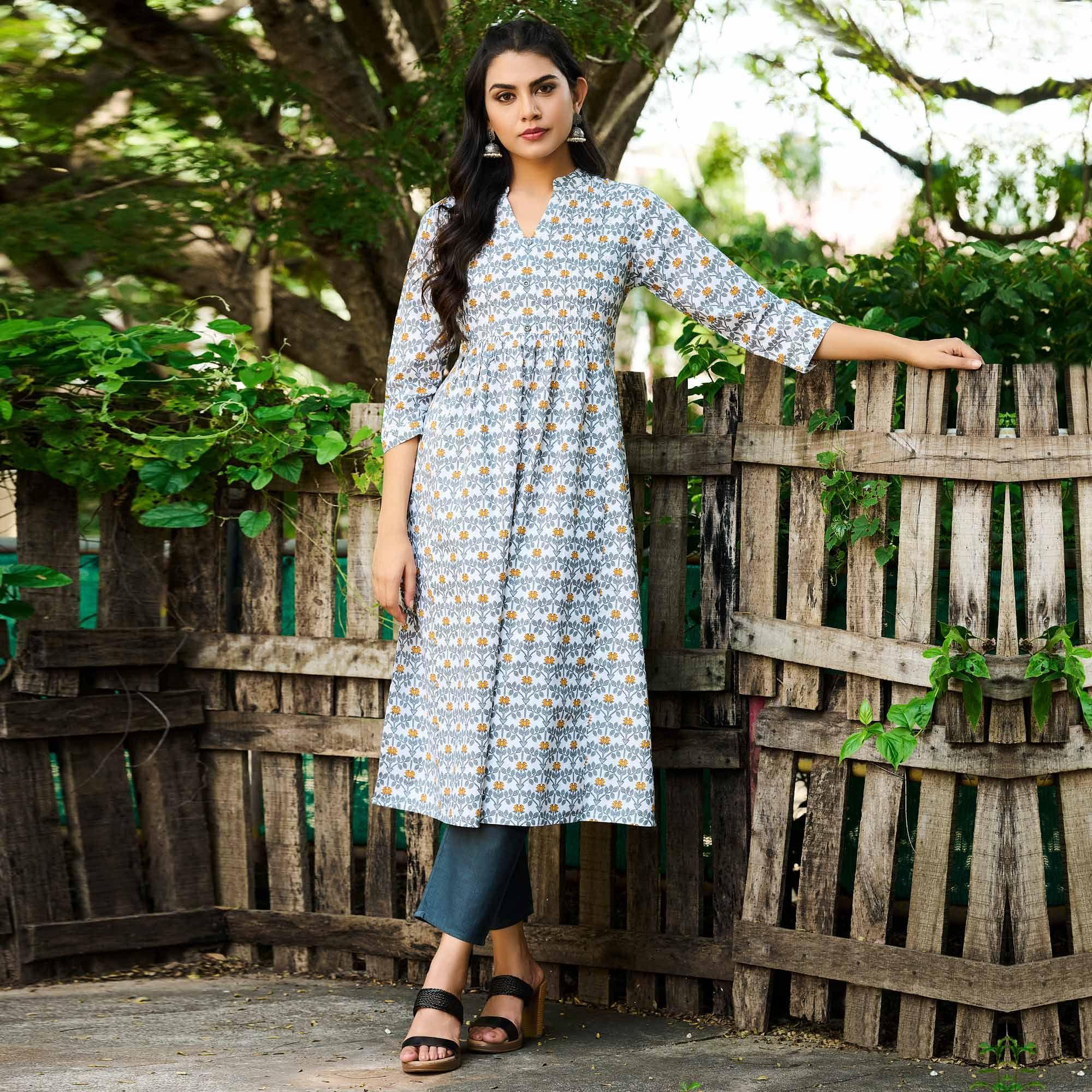 Peachmode Seller Grey-White Casual Wear Floral Printed Pure Cotton Kurti