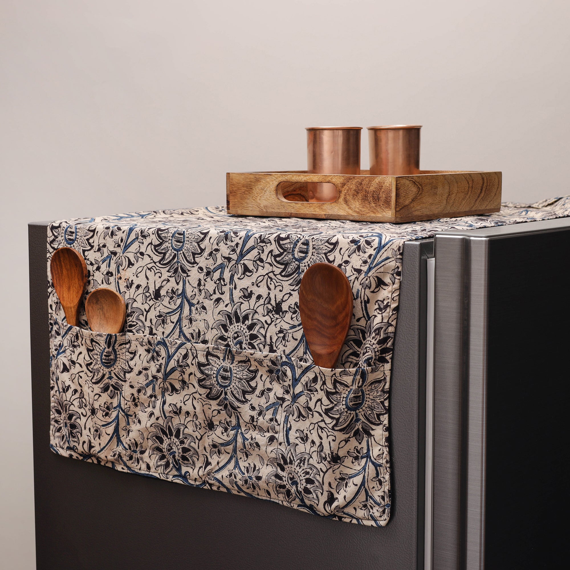 JALPARI Beige - Kalamkari Block Printed Fridge Cover with Handle Cover 11