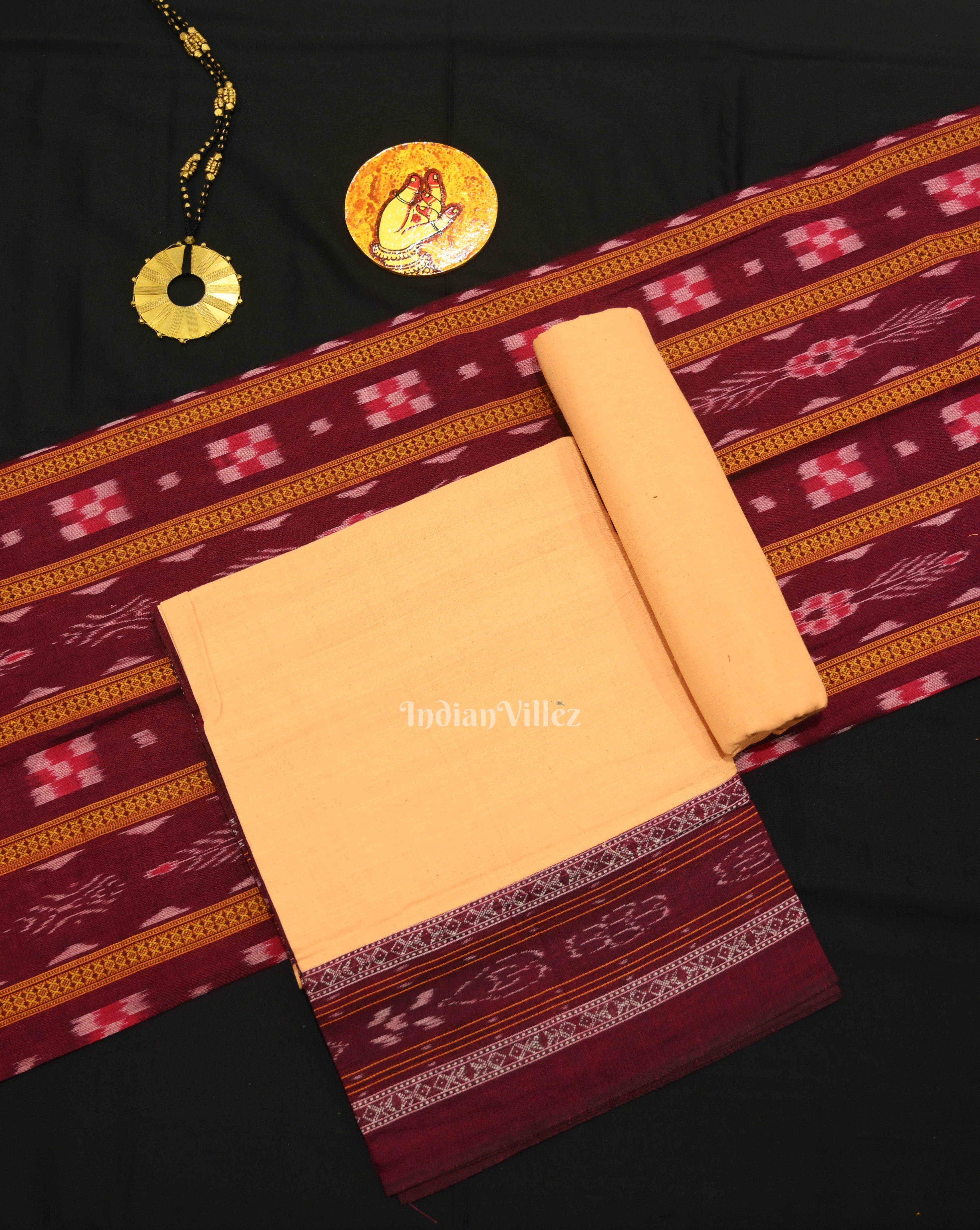 IndianVillèz Purple Cream Pasapali Sambalpuri Cotton Dress set with Dupatta