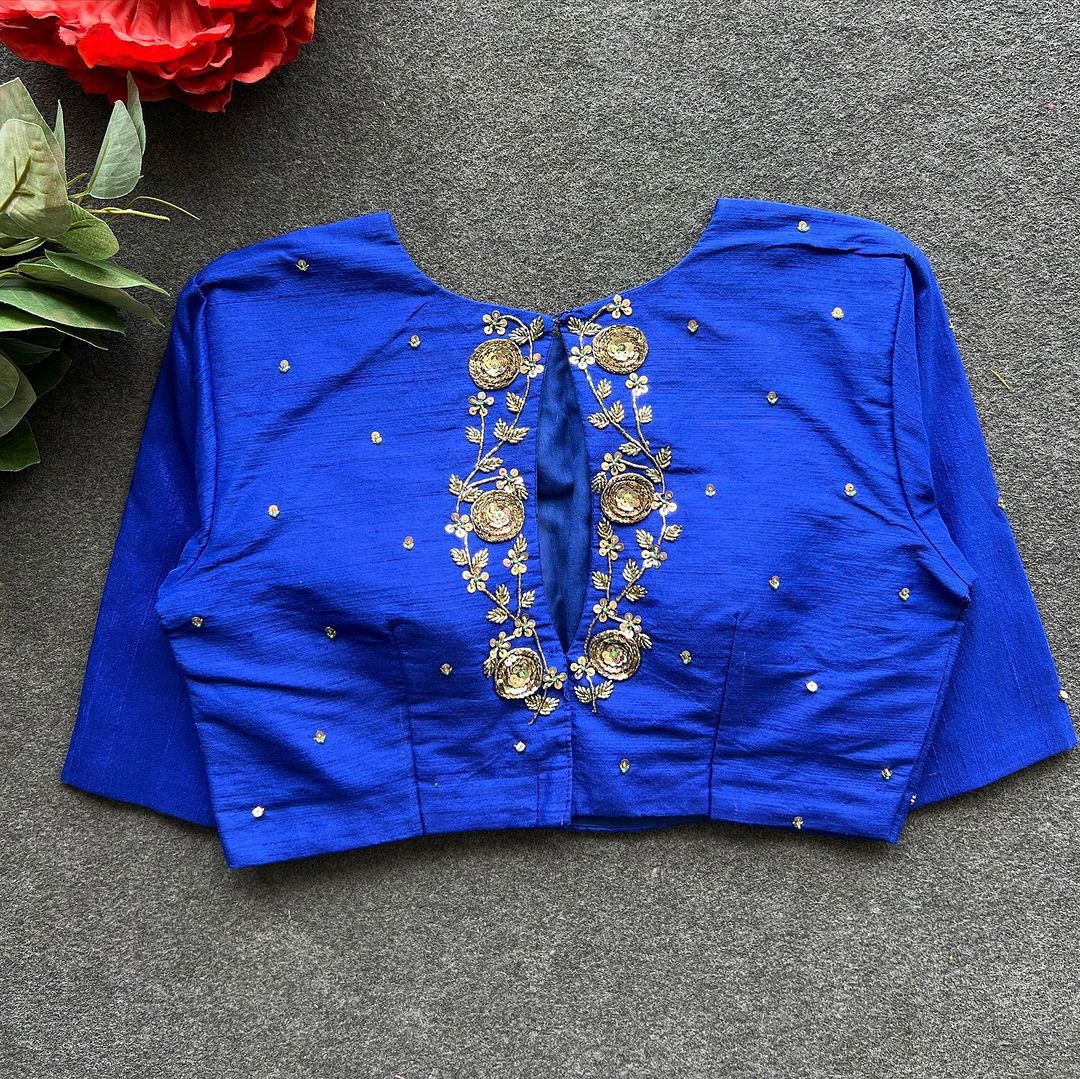 ClothsVilla Blue Golden Elegance: Handcrafted Elzara Silk Blouse