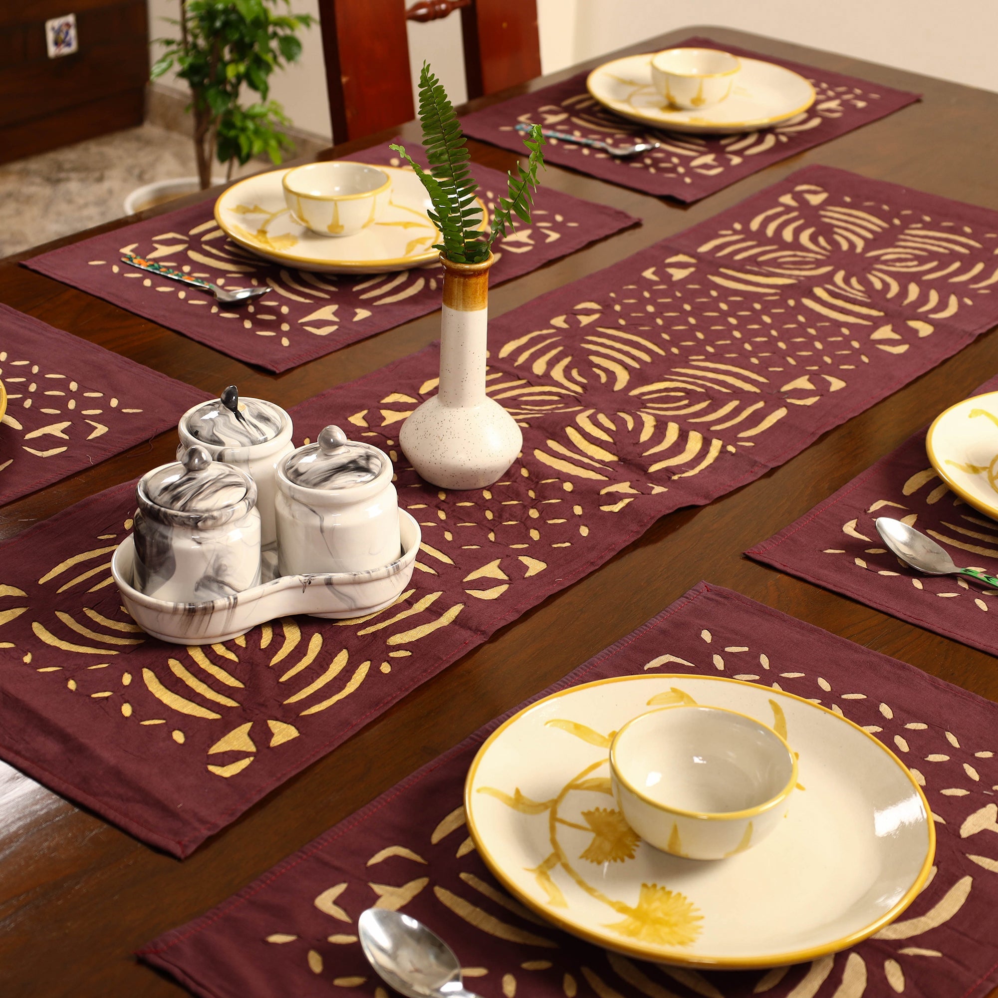 SHADES OF MARUDHARA Brown - Applique Cut Work Table Runner with Table Mat Set 08 - view 2