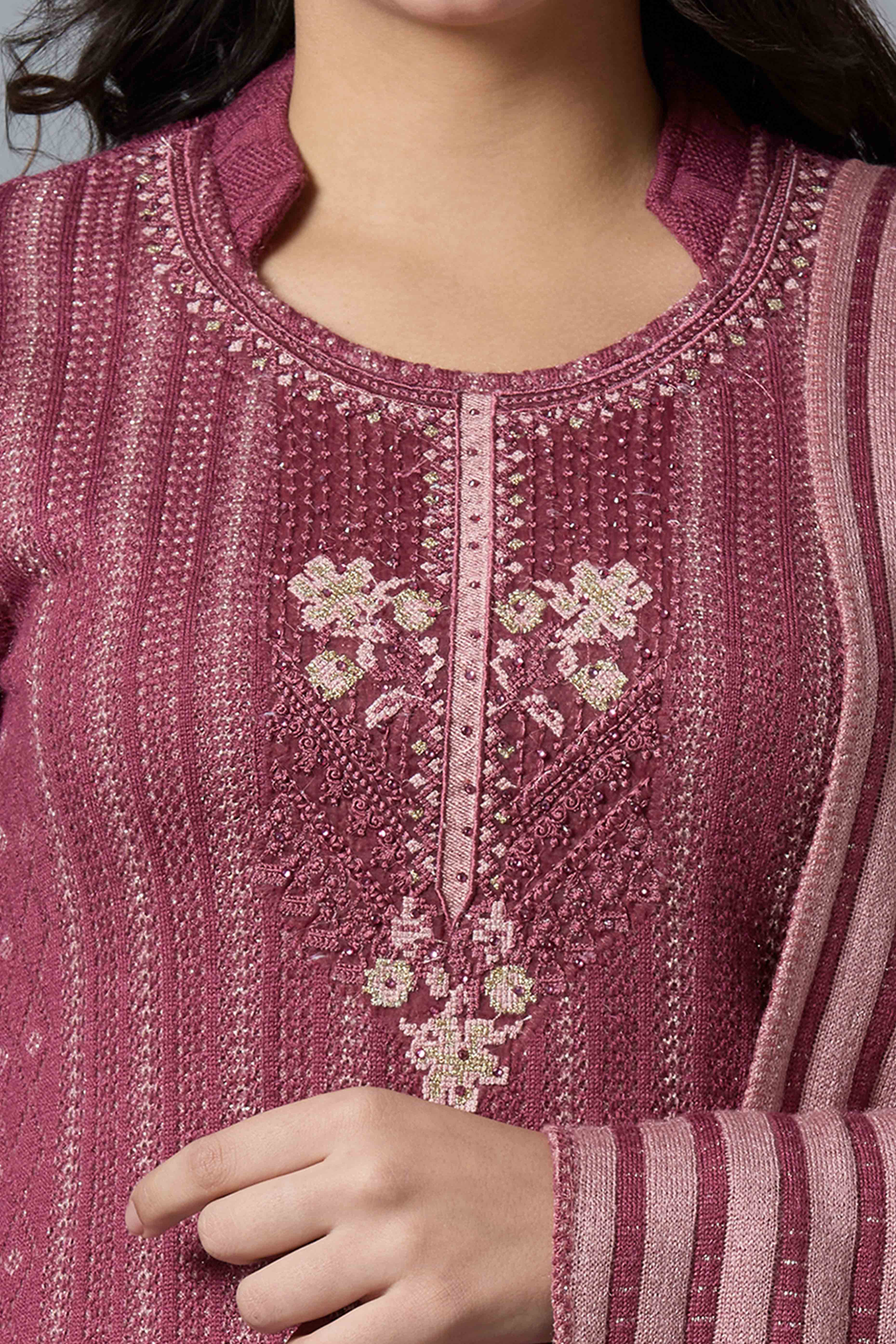 Peachmode Maroon Woven Woolen Straight Salwar Suit - view 2