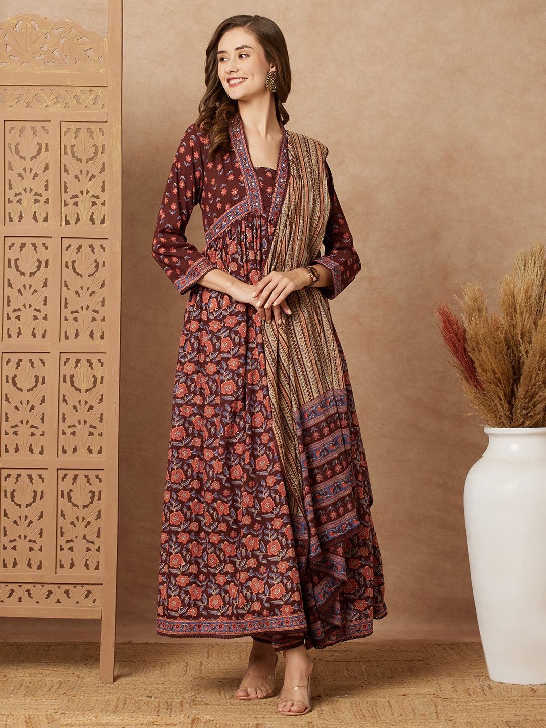 FASHOR Floral Printed & Embroidered A-Line Pleated Kurta with Pant and Dupatta - Brown