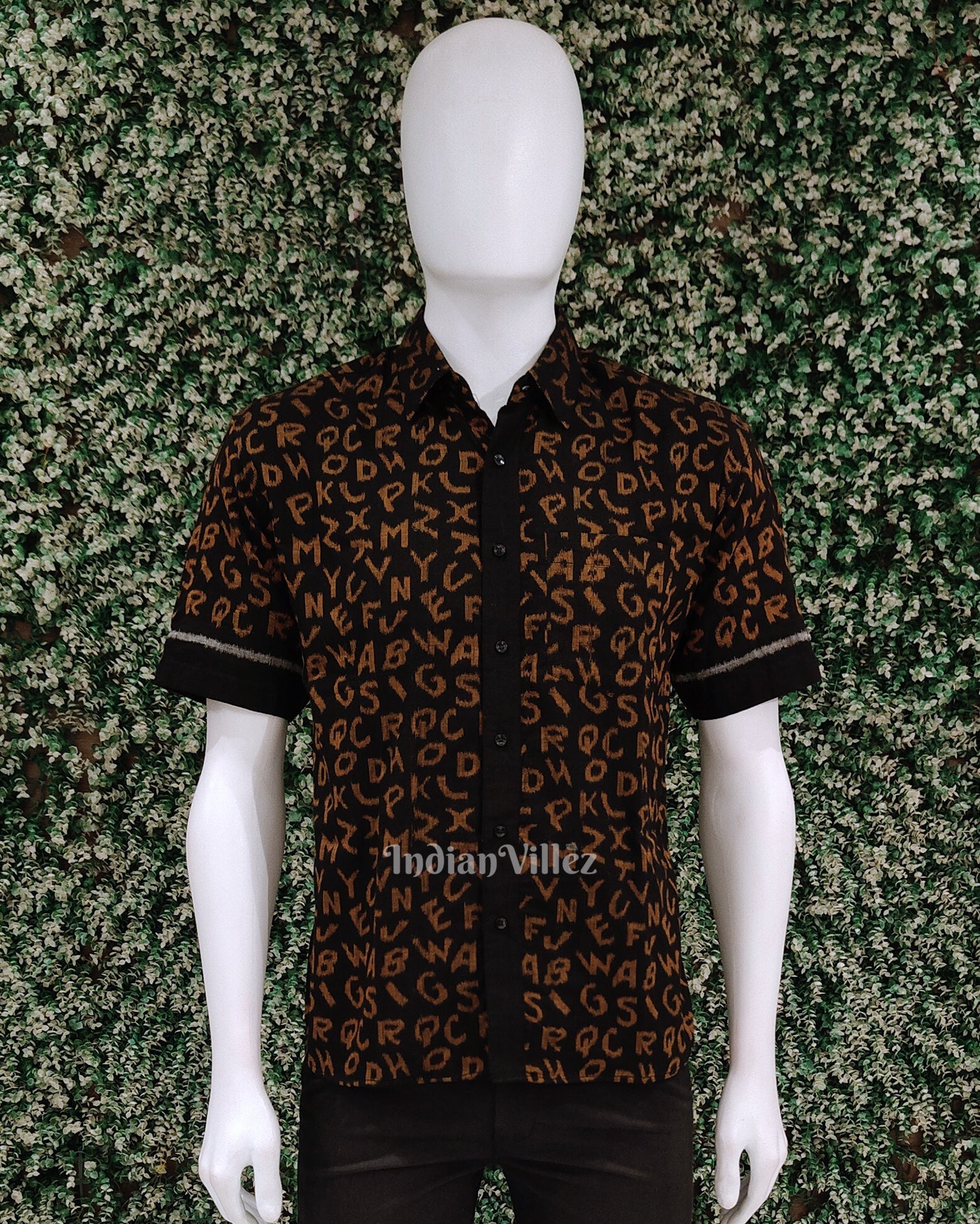 IndianVillèz Black English Alphabet Odisha Ikat Cotton Half Sleeve Shirt for Men