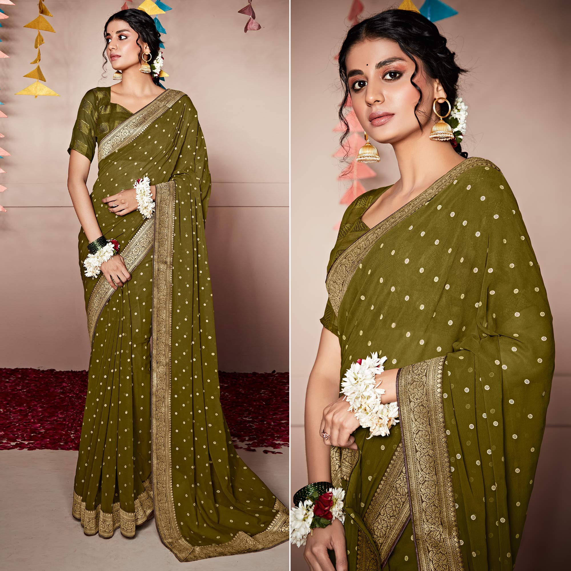 Peachmode Mehendi Green Foil Printed With Woven Border Georgette Saree