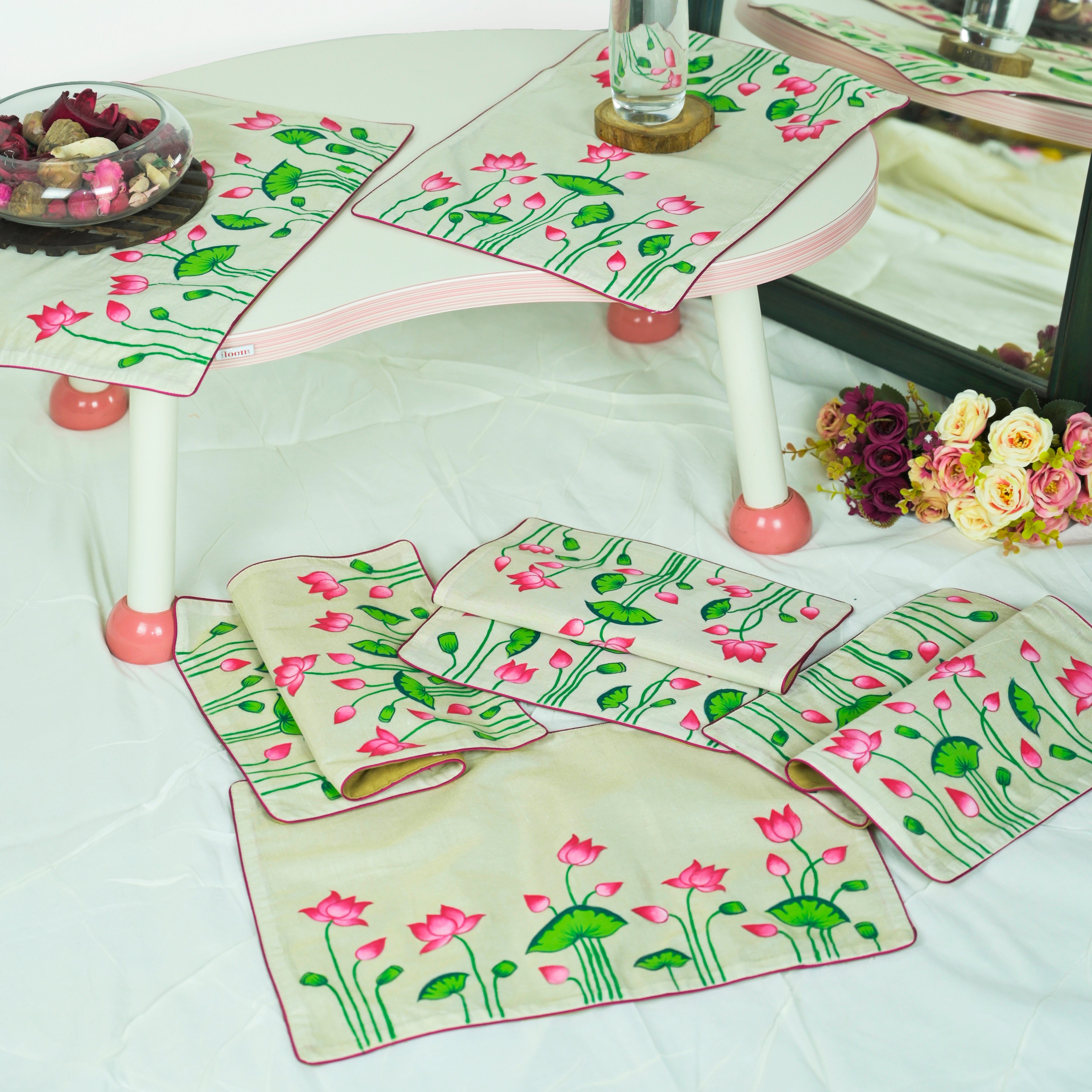 DIORAMA DESIGNS Madhubani Handpainted Chanderi Table Runner & Table Mats Set - view 4