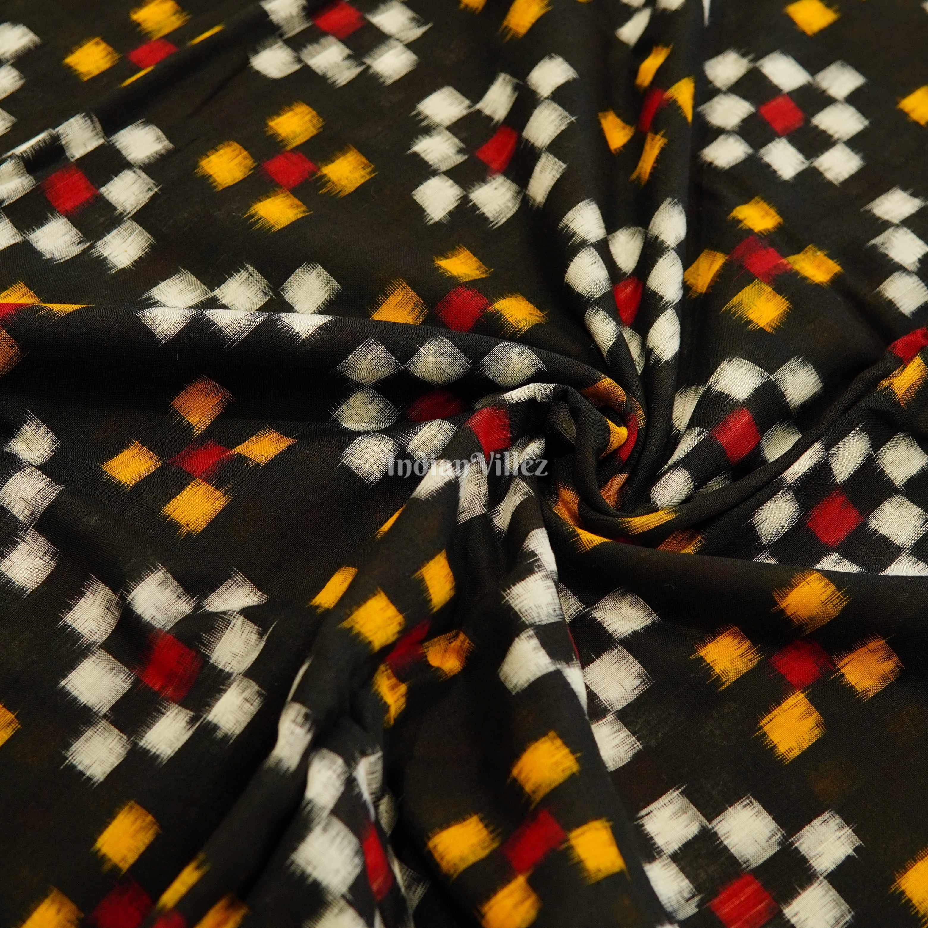 IndianVillèz Black Pasapali Theme Sambalpuri Ikat Cotton Fabric