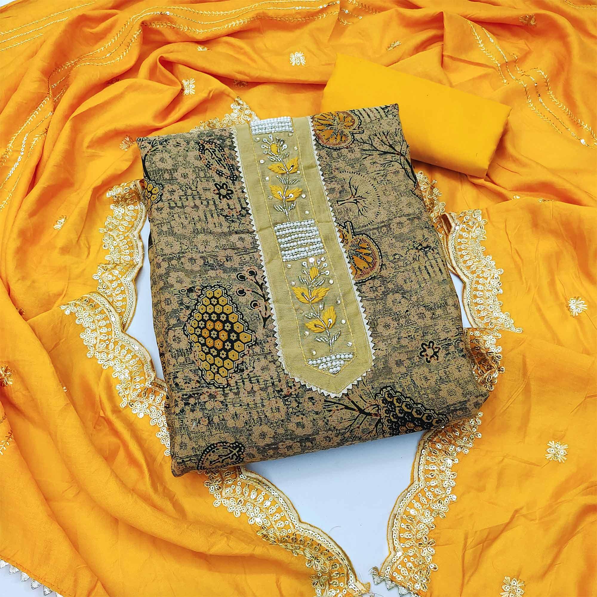 Peachmode Cream Printed With Embellished Pure Cotton Dress Material