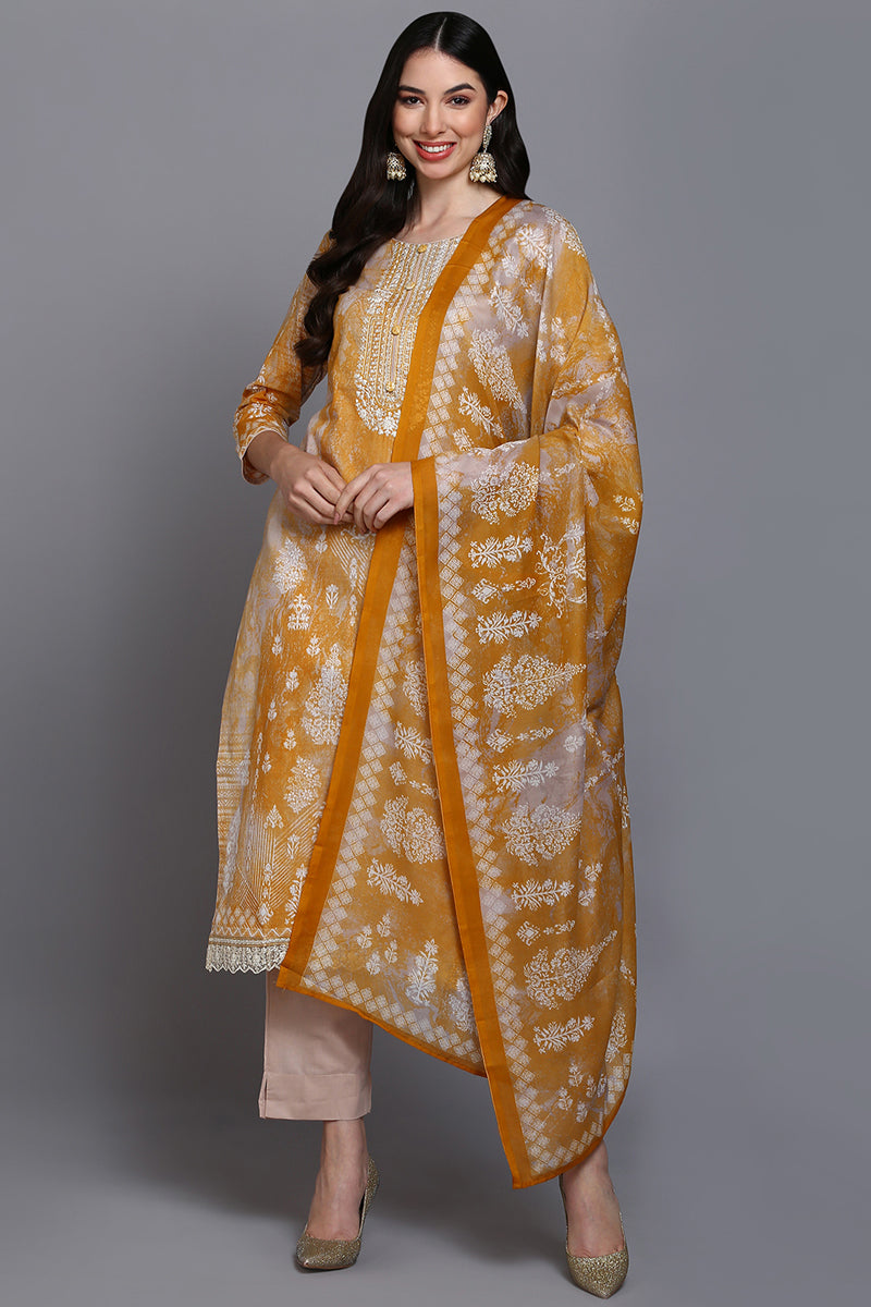 Ahika Cotton Taupe Printed Straight Kurta Pant With Dupatta VKSKD1920