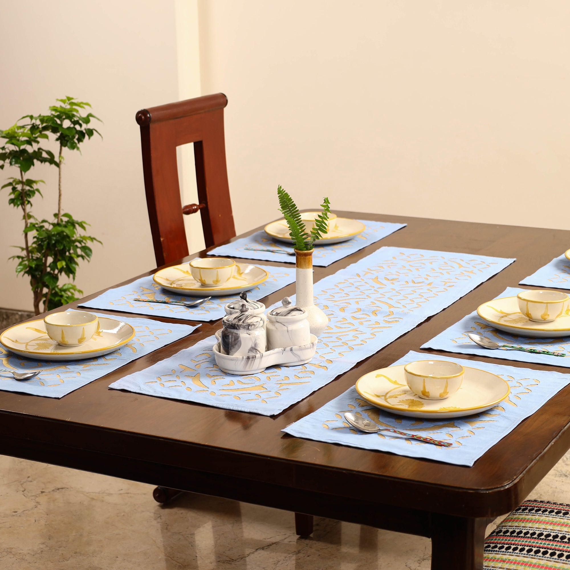 SHADES OF MARUDHARA Blue - Applique Cut Work Table Runner with Table Mat Set 14