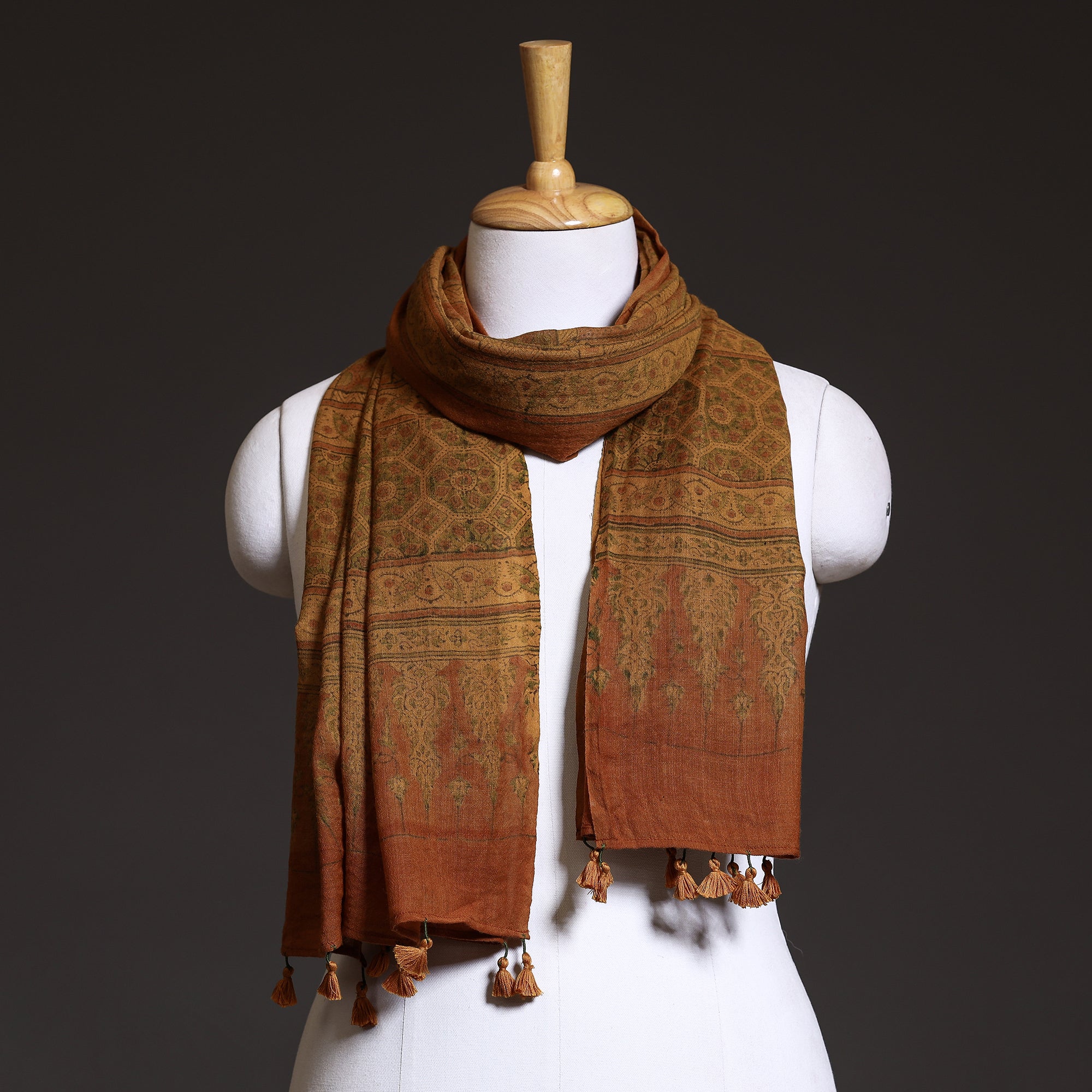 AJRAKH BY SUFIYAN ISMAIL KHATRI Brown - Ajrakh Block Printed Pure Woolen Stole