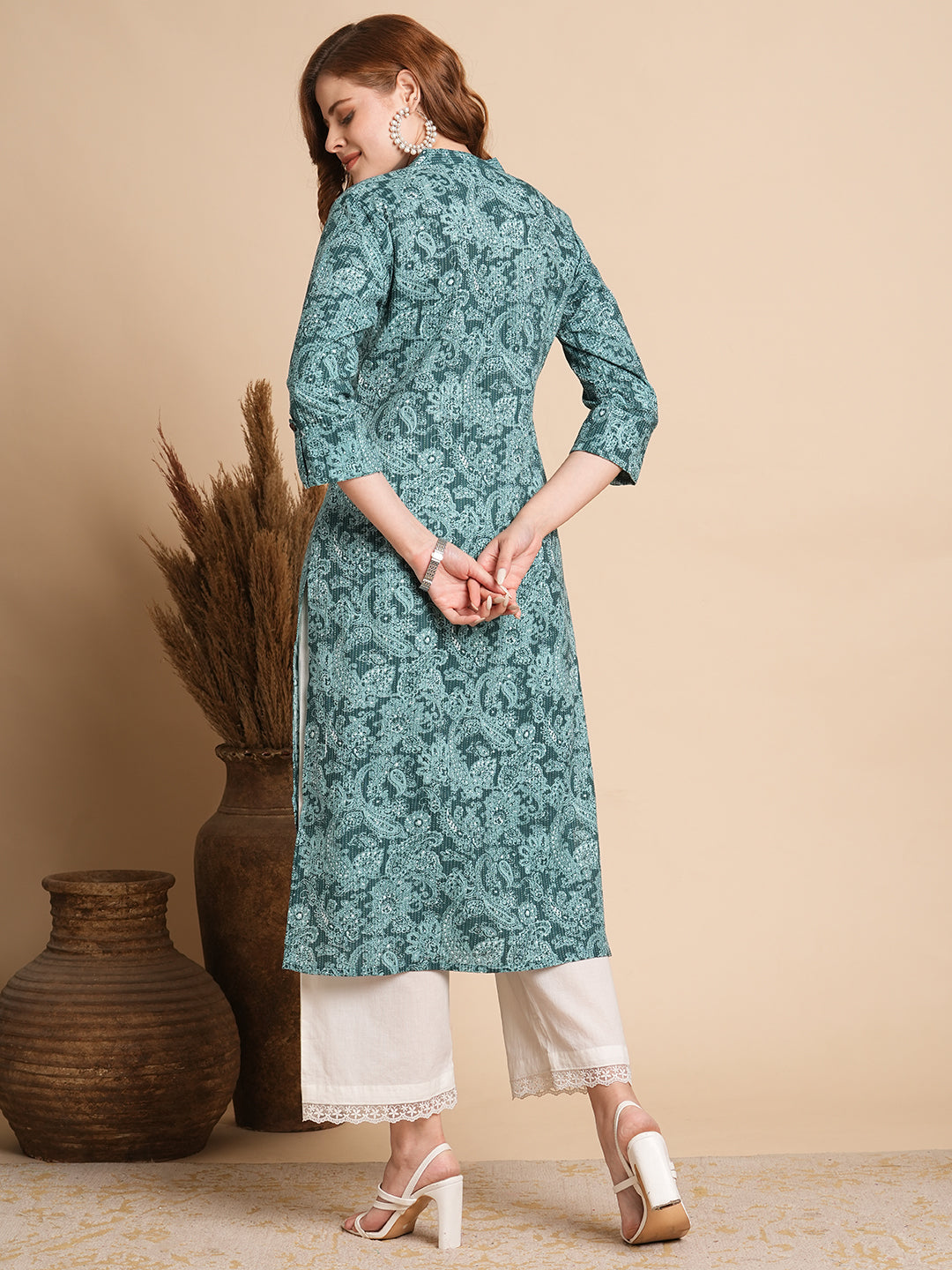FASHOR Ethnic Floral Printed Straight Fit Kurta - Sea Green - view 6