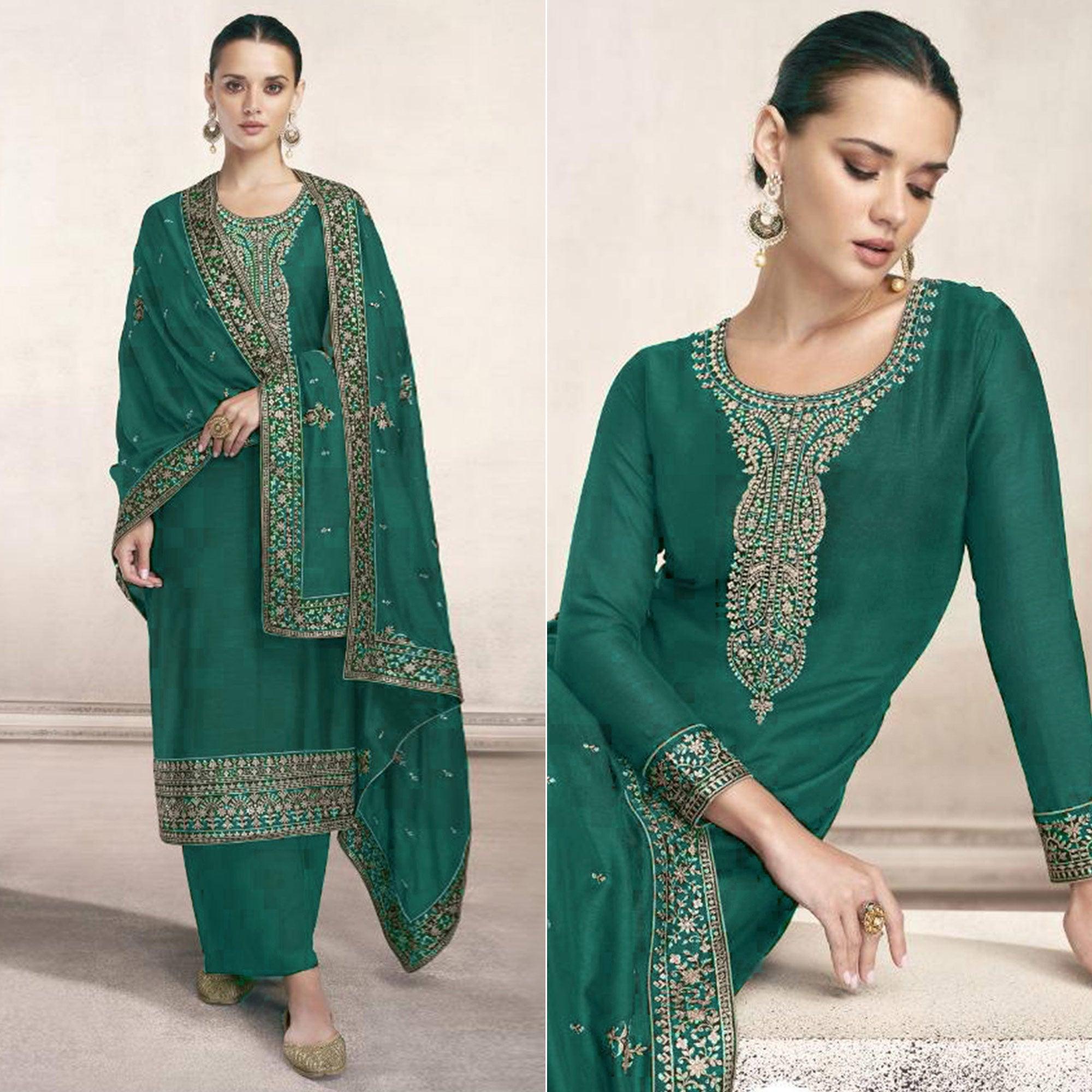 Peachmode Dark Green Embroidered Dola Silk Salwar Suit