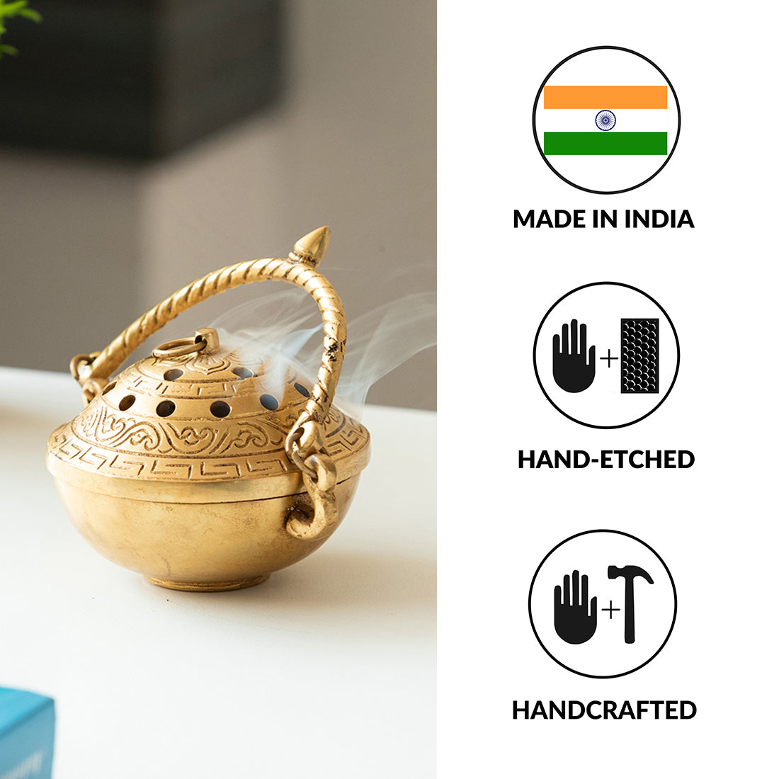 EXCLUSIVELANE 'Inaayat' Dhoop Dani Brass Incense Burner (Hand-Etched, 4 Inch, 0.6 Kg) - view 6