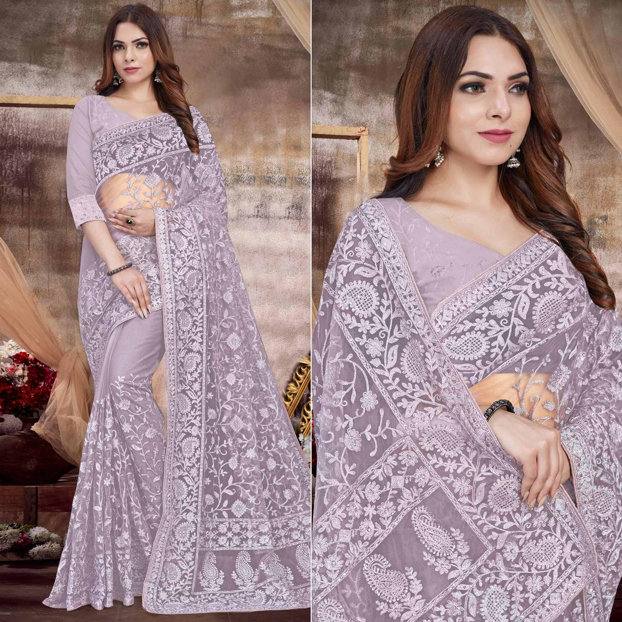 Peachmode Lavender Partywear Embroidery With Embellished Net Saree