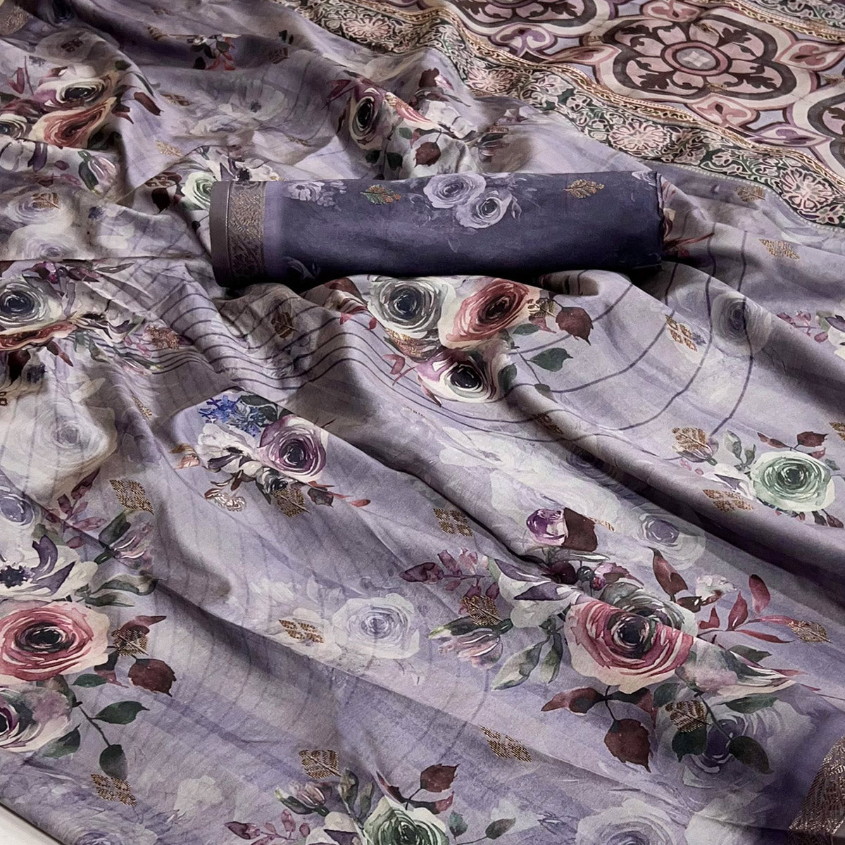 Peachmode Light Purple Floral Digital Printed Cotton Silk Saree With Zari Border - view 2