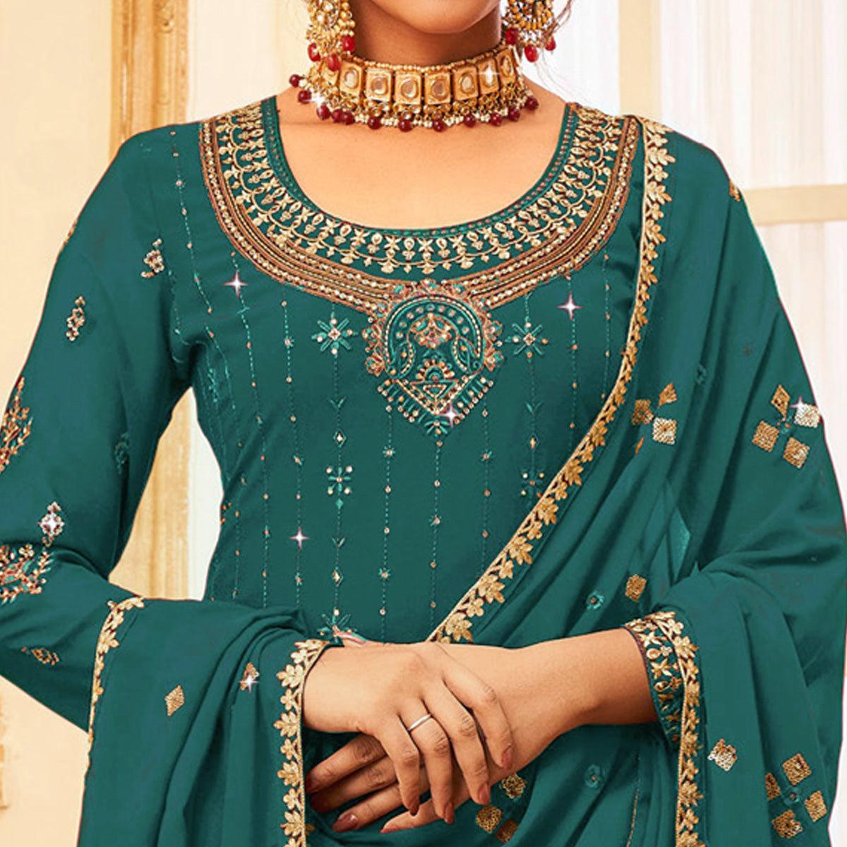 Peachmode Morpich Embroidered With Embellished Georgette Palazzo Suit - view 3