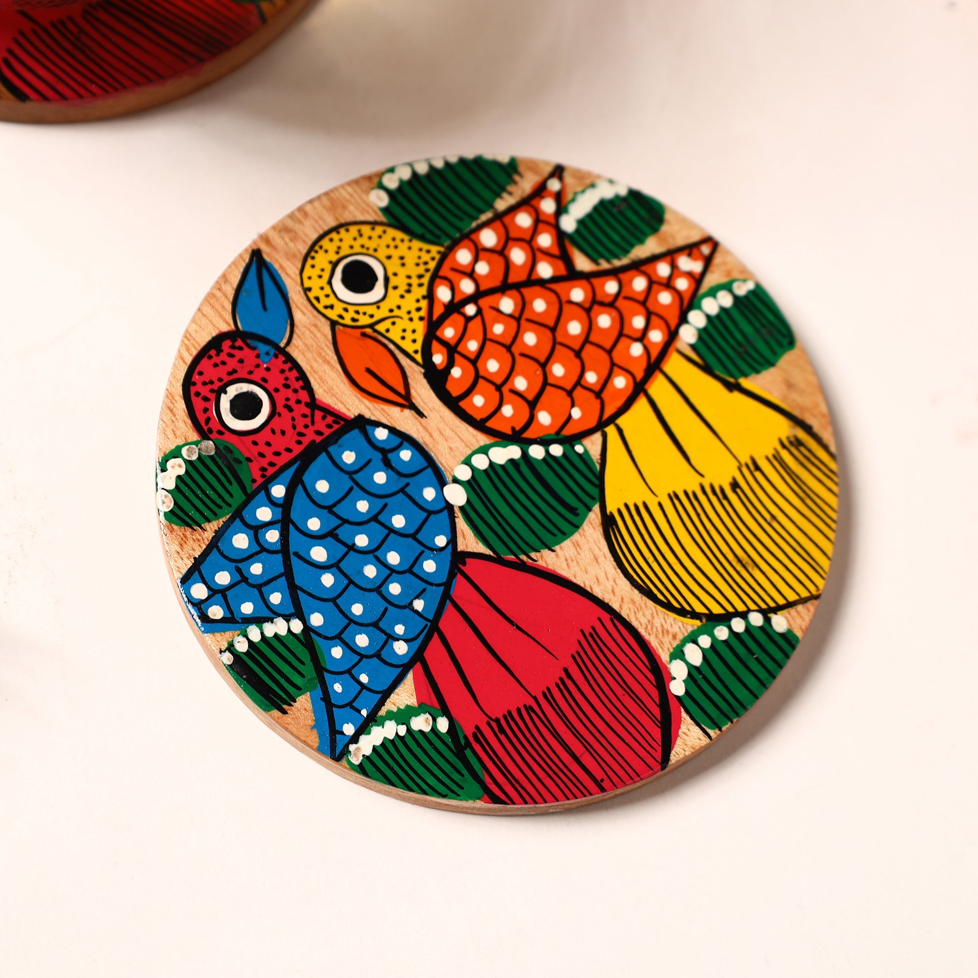 ITOKRI CRAFTS INITIATIVE Bengal Patua Handpainted Akashmoni Wooden Coasters (Set of 4) 02 - view 2