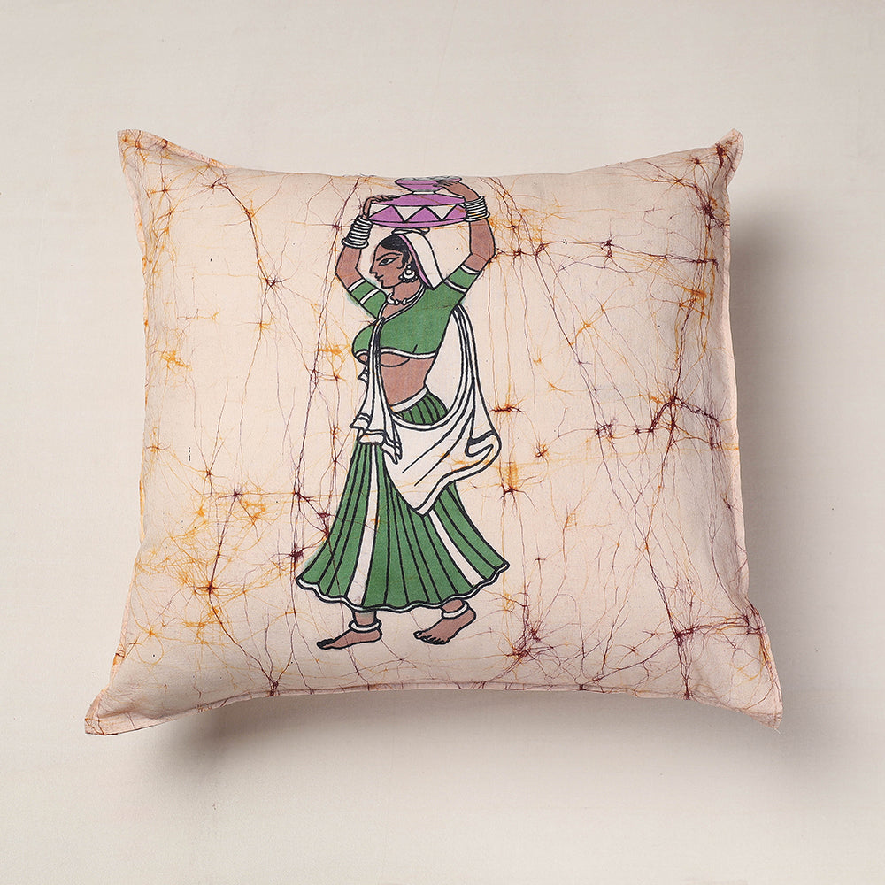 KACHCHH JI CHHAAP Beige - Hand Batik Printed Pure Cotton Cushion Cover (18 x 18 in)