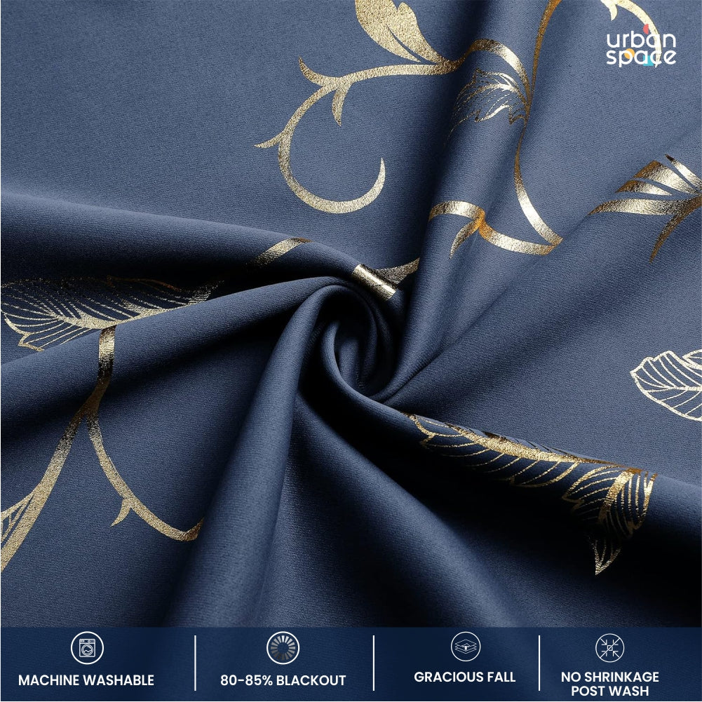 Urban Space -Home Furnishing Store Gold Foil Printed 80-85% Blackout Curtains - Pack of 1 Curtain - Vine- Navy Blue - view 3