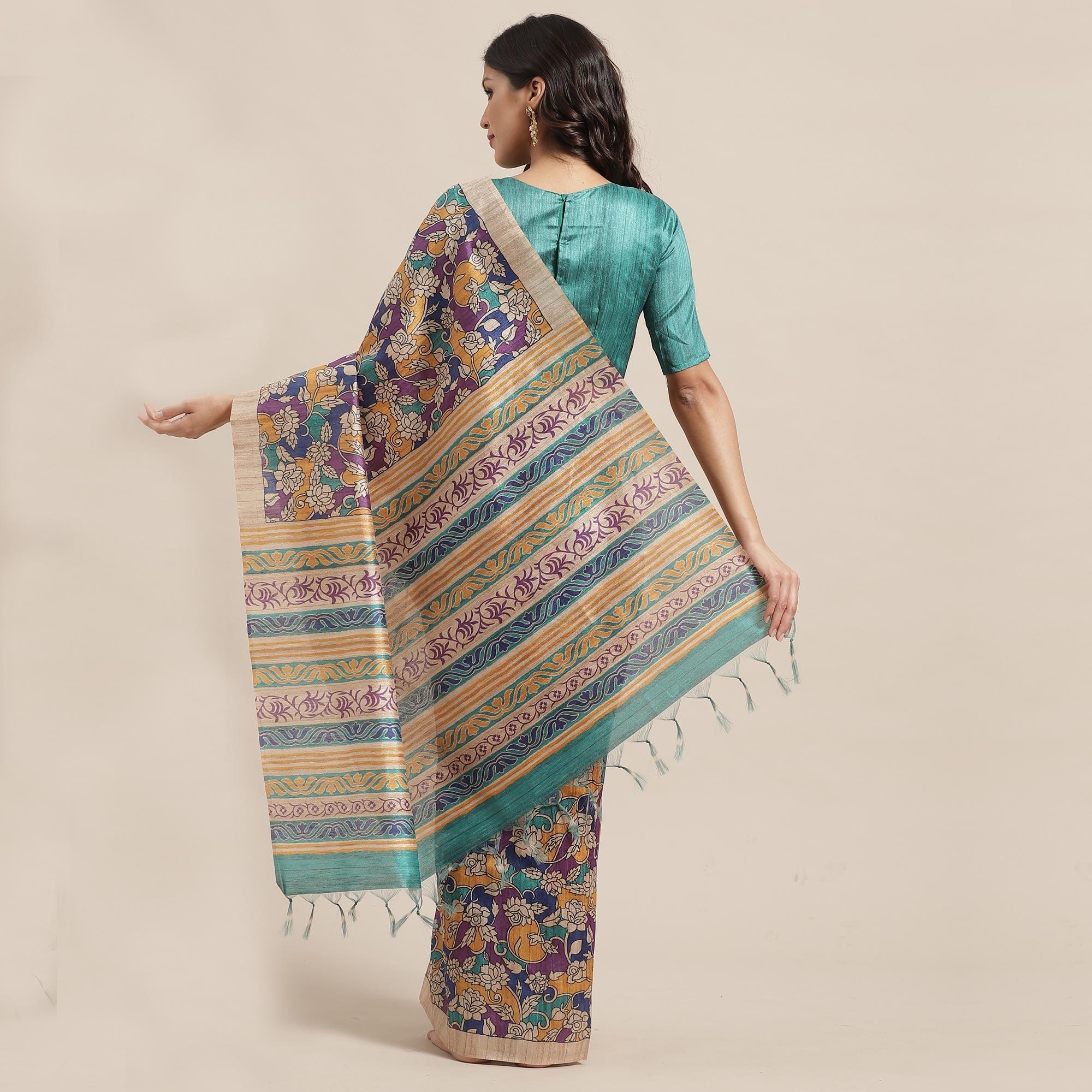 Peachmode Demanding Beige-Multi Colored Casual Wear Floral Printed Silk Blend Saree With Tassels - view 2