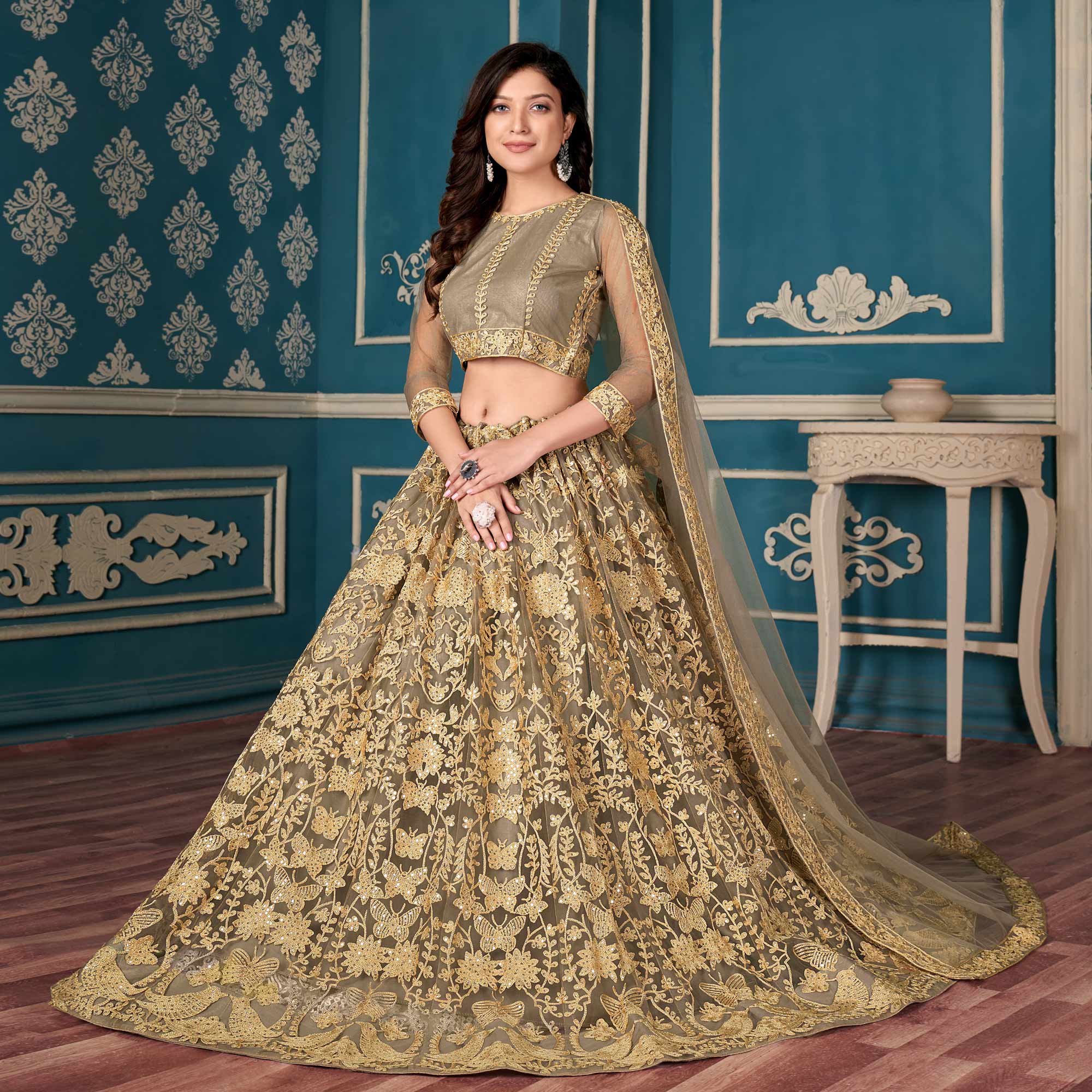 Peachmode Brown Sequins Embroidered Netted Lehenga Choli