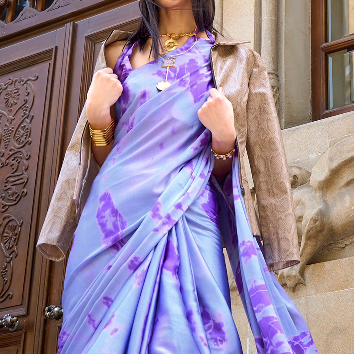 Peachmode Lavender Printed Crepe Saree – Women's - view 3