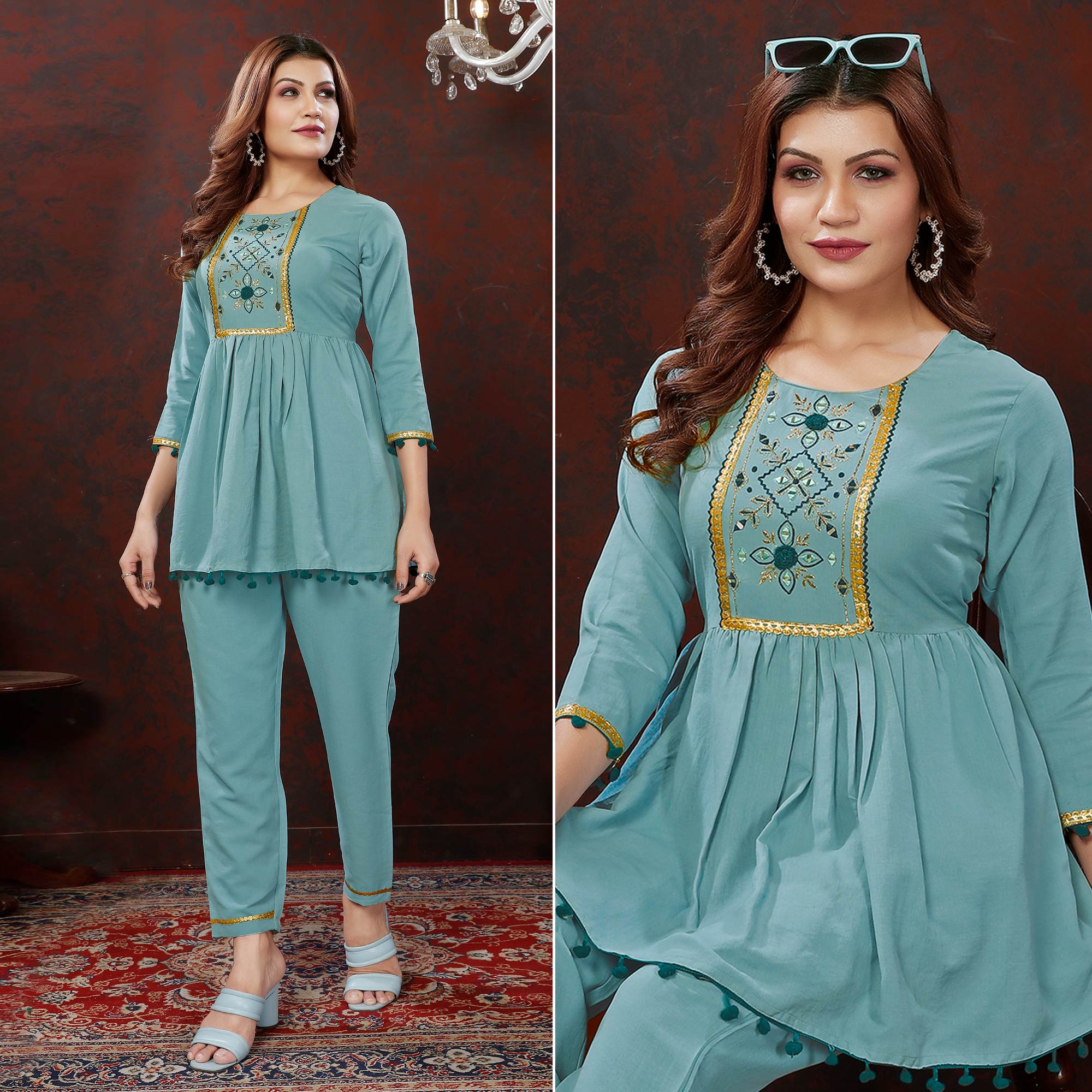 Peachmode Seller Dusty Turquoise Embroidered Cotton Blend Co Ord Set