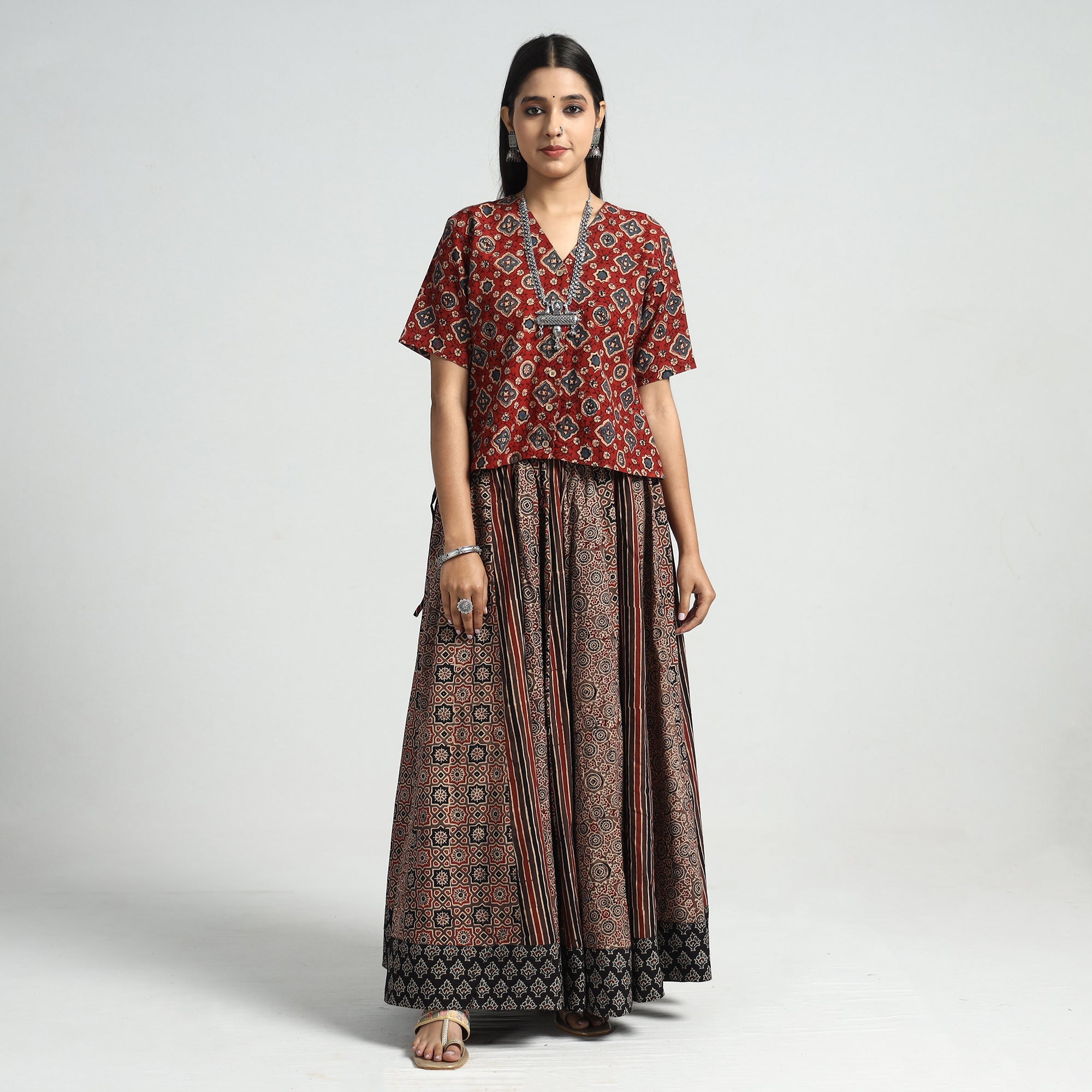 NOORI BAZAR Brown - Ajrakh Block Printed 24 Kali Patchwork Cotton Long Skirt