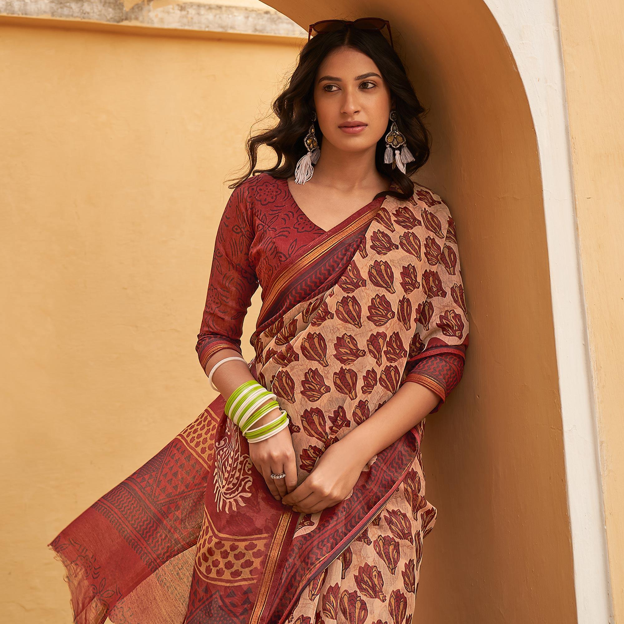 Peachmode Cream Casual Wear Fancy Printed Linen Saree - view 3