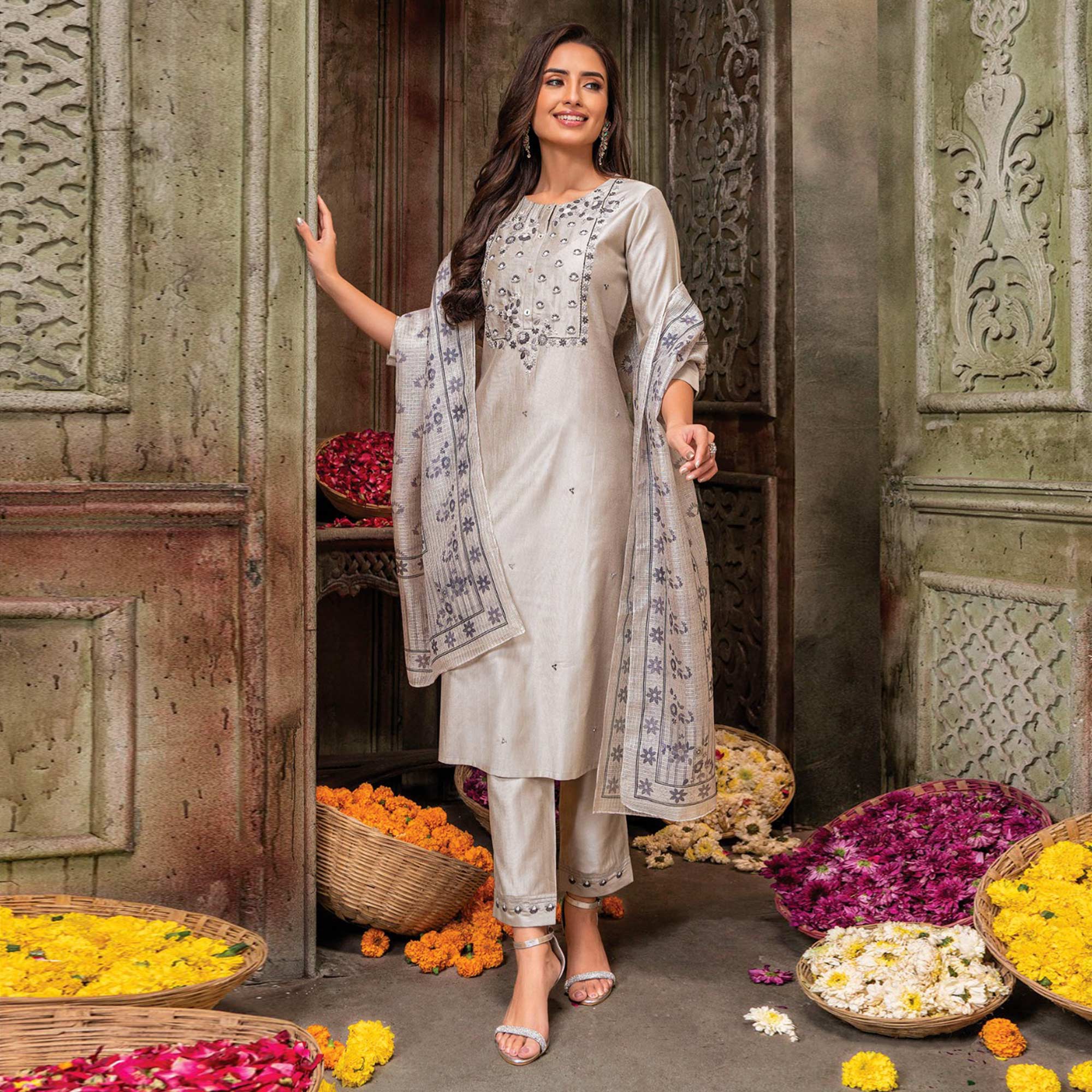 Peachmode Cream Handwork Embroidered Viscose Salwar Suit - view 2