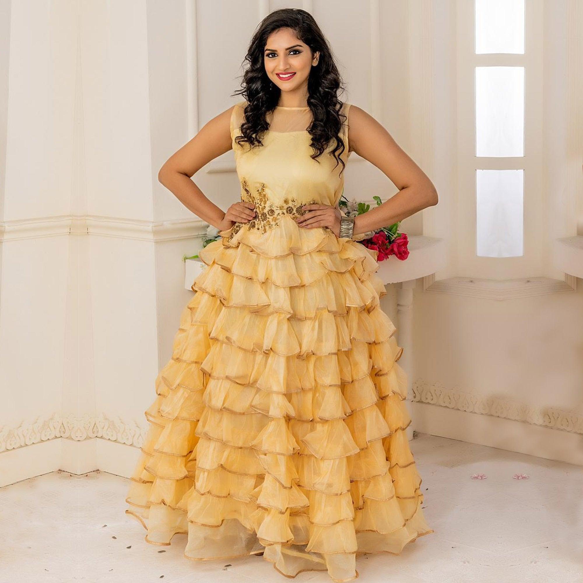 Peachmode Innovative Yellow Colored Party Wear Embroidered Soft Net Anarkali Style Gown