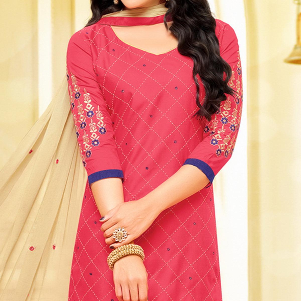 Peachmode Captivating Pink Colored Partywear Embroidered Cotton Dress Material - view 3