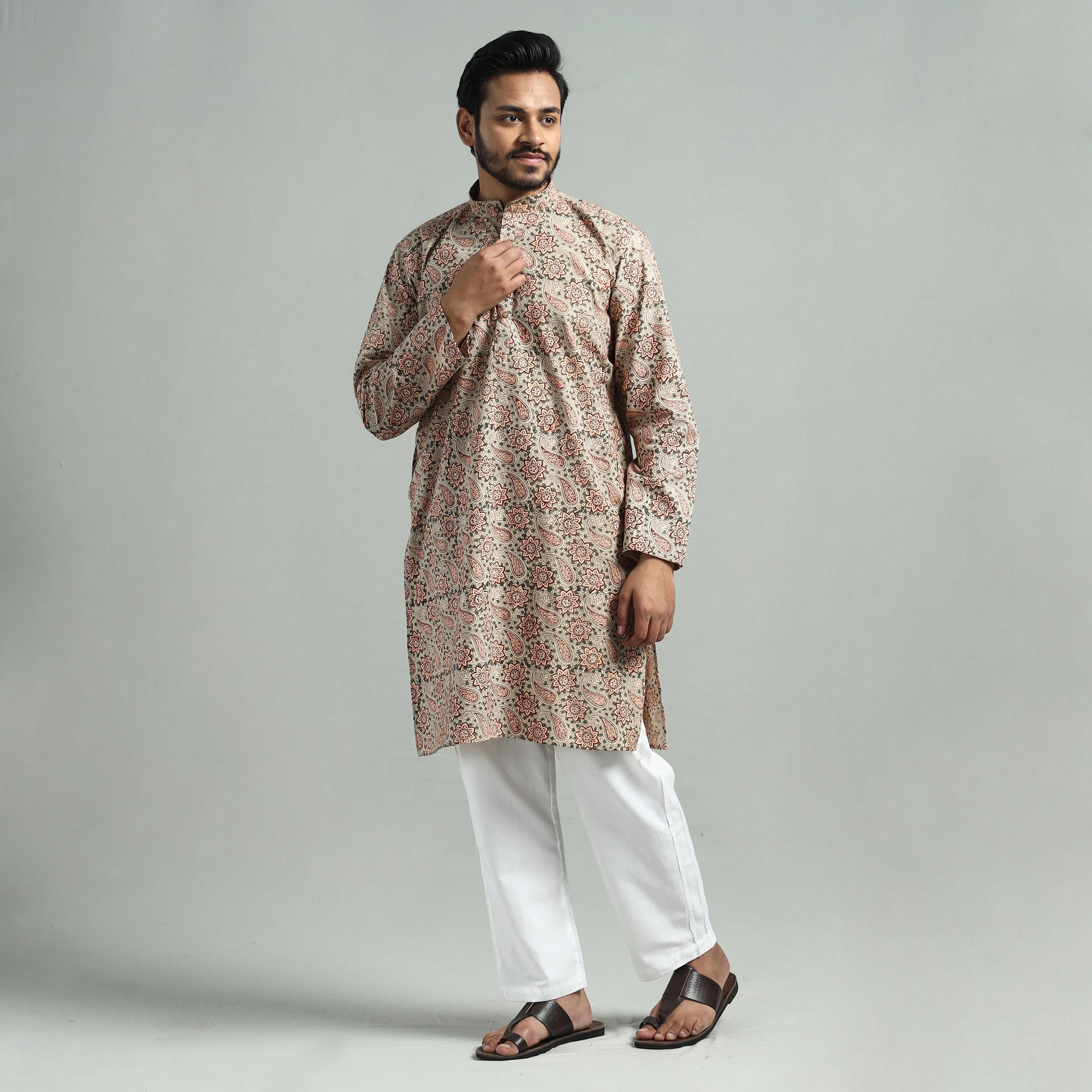 ITOKRI CASUALS Beige - Kalamkari Block Printed Cotton Men Long Kurta