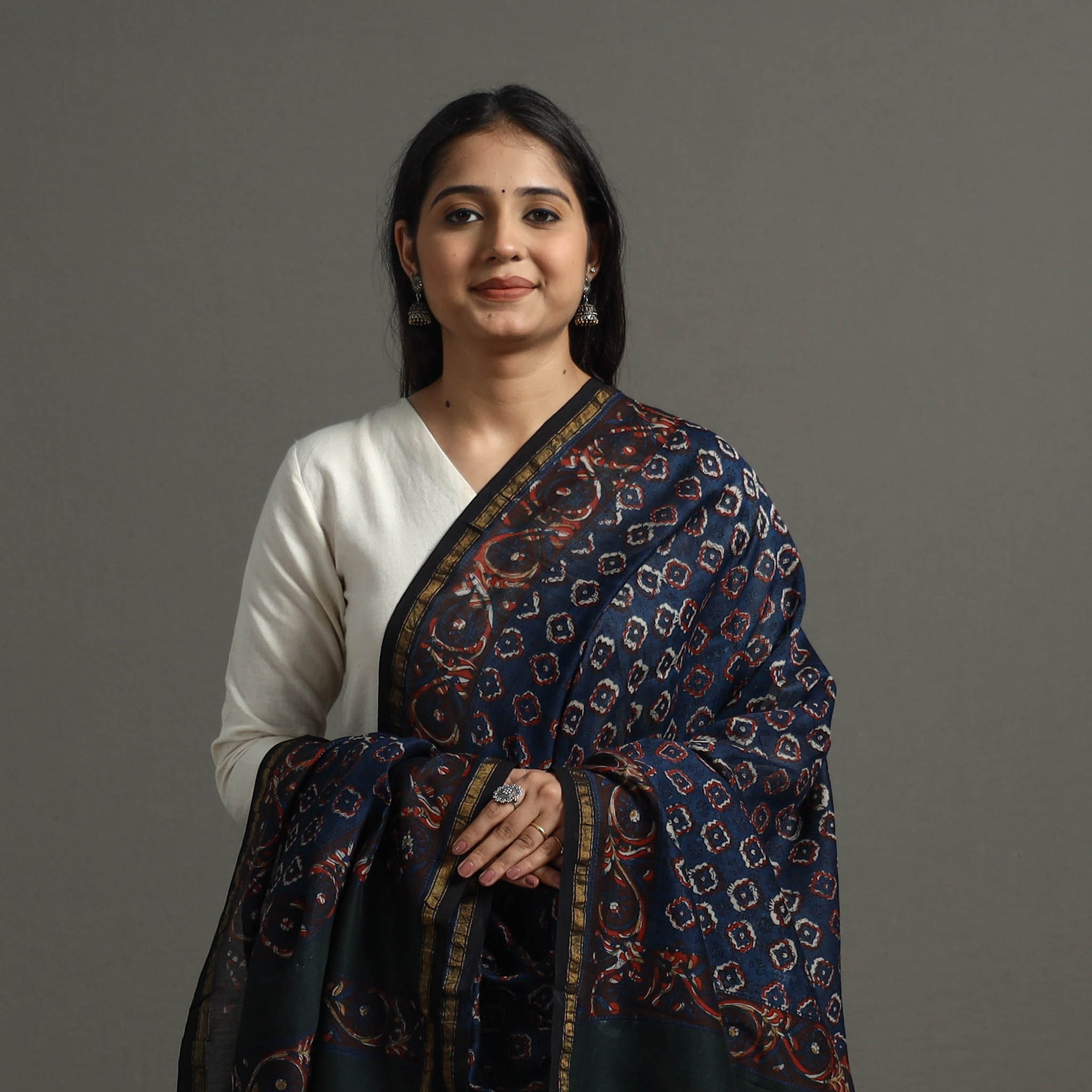 BAGRU DABU PRINTS Blue - Block Printed Chanderi Silk Bagru Dupatta 88 - view 3