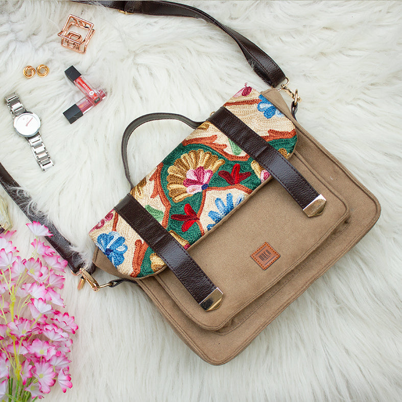WOCA DESIGNS Beige - Silica Hand Embroidery Suede Satchel Sling Bag