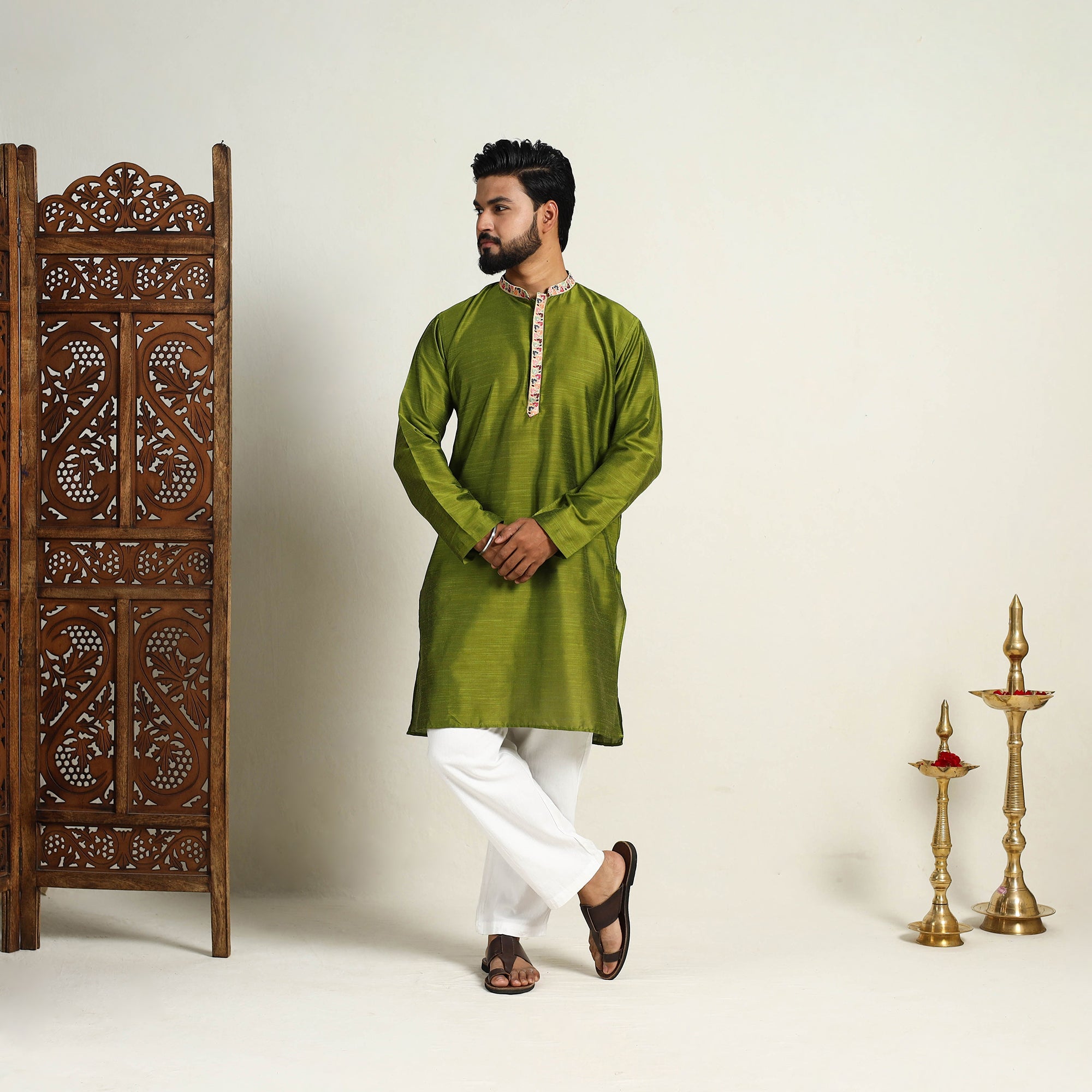 ITOKRI CASUALS Avacado Green - Slub Silk Kurta for Men with Detailed Neckline Work 11 - view 7