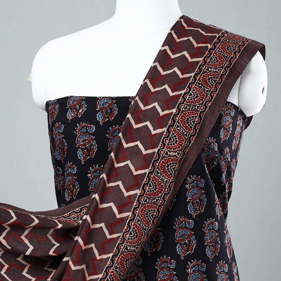 AJRAKH BY JABBAR KHATRI Black - 3pc Ajrakh Block Printed Cotton Suit Material Set - view 3