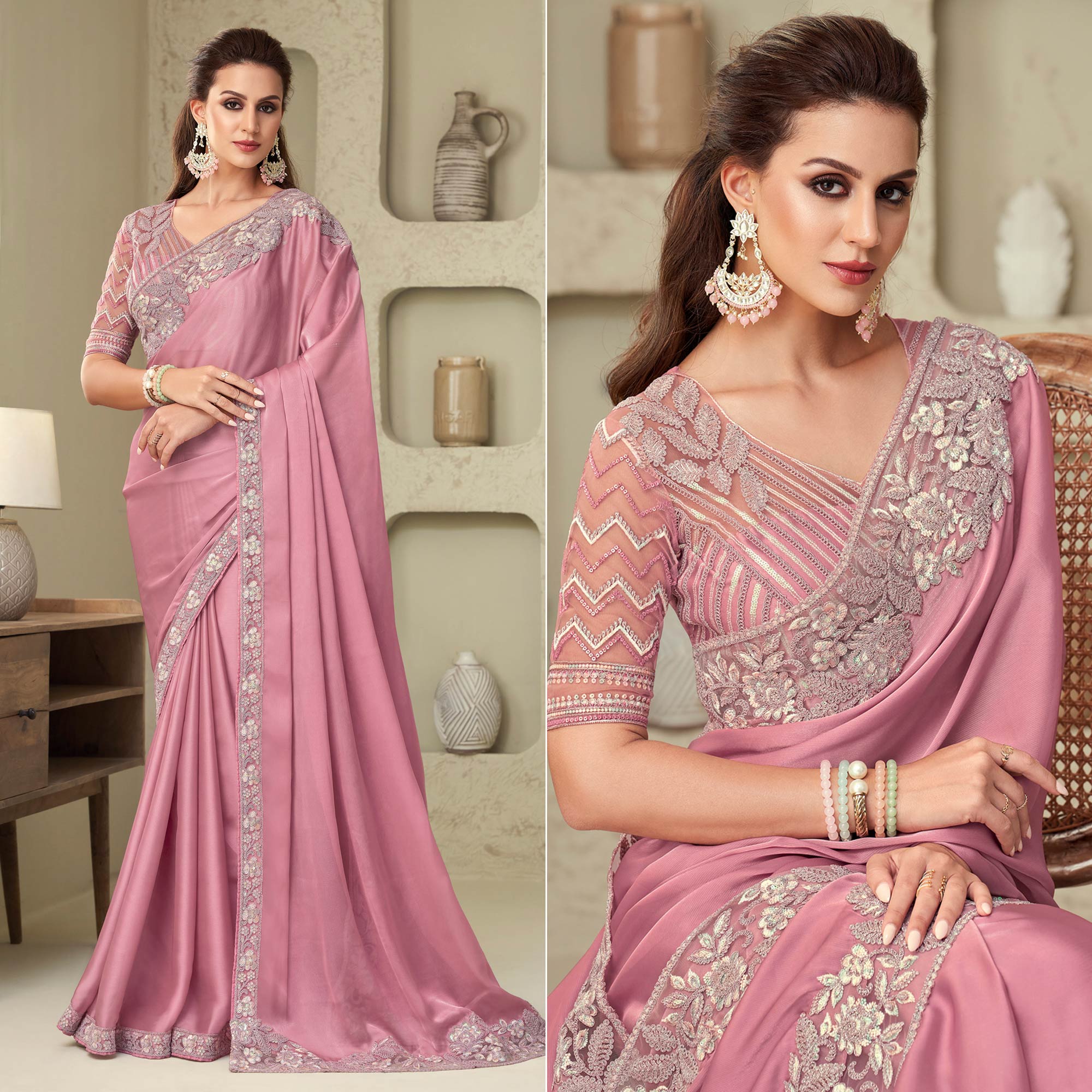 Peachmode Dusty Pink Sequins Embroidered Georgette Saree