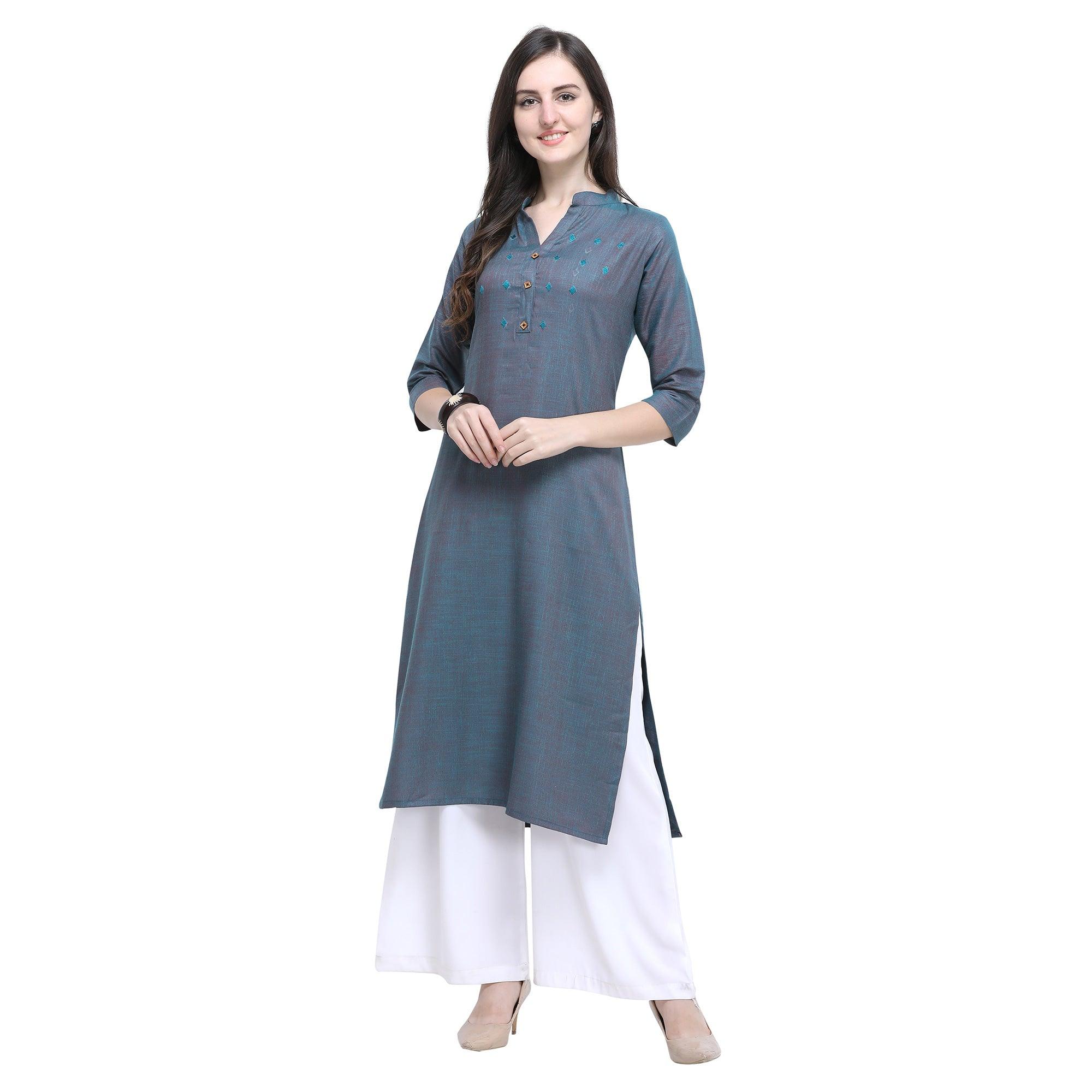 Peachmode Seller Glowing Greyish Blue Colored Casual Wear Embroidered Rayon Kurti-Palazzo Set