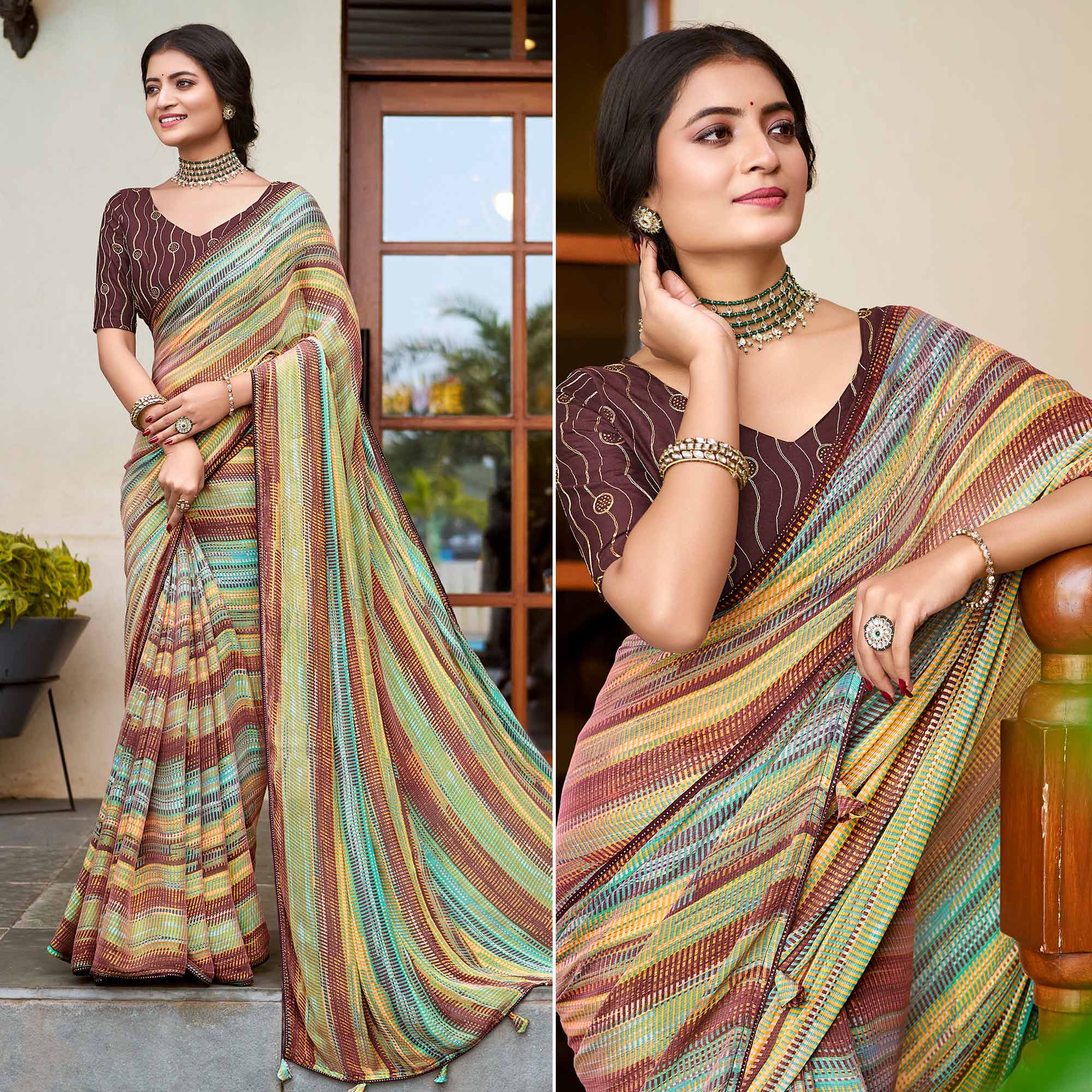 Peachmode Brown Printed Chiffon Saree With Tassels