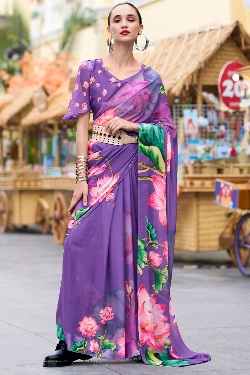 Rajpath Opulent Lavender Digital Printed Georgette Saree With Prominent Blouse Piece