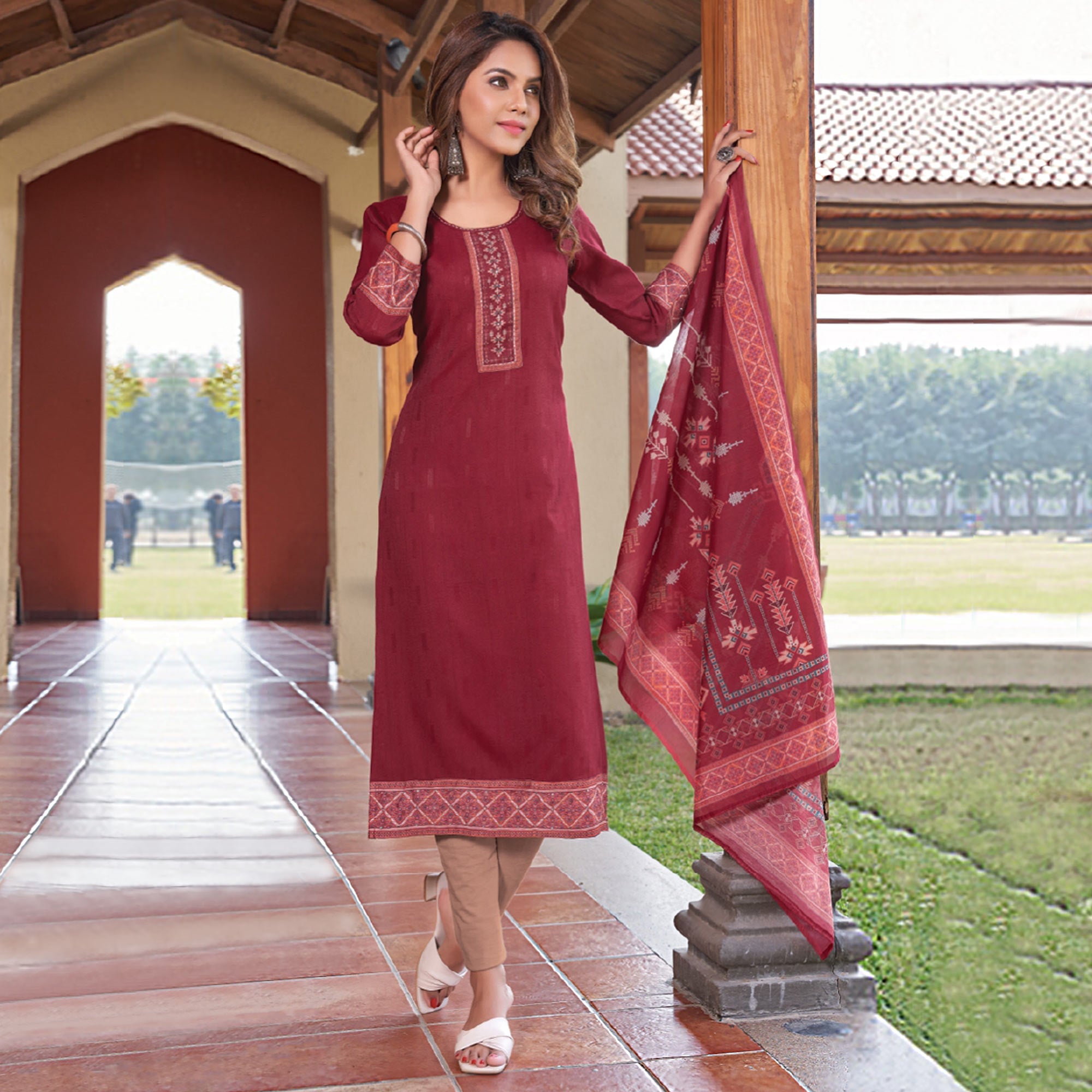 Peachmode Seller Maroon Embroidered Rayon Kurti With Dupatta - view 2