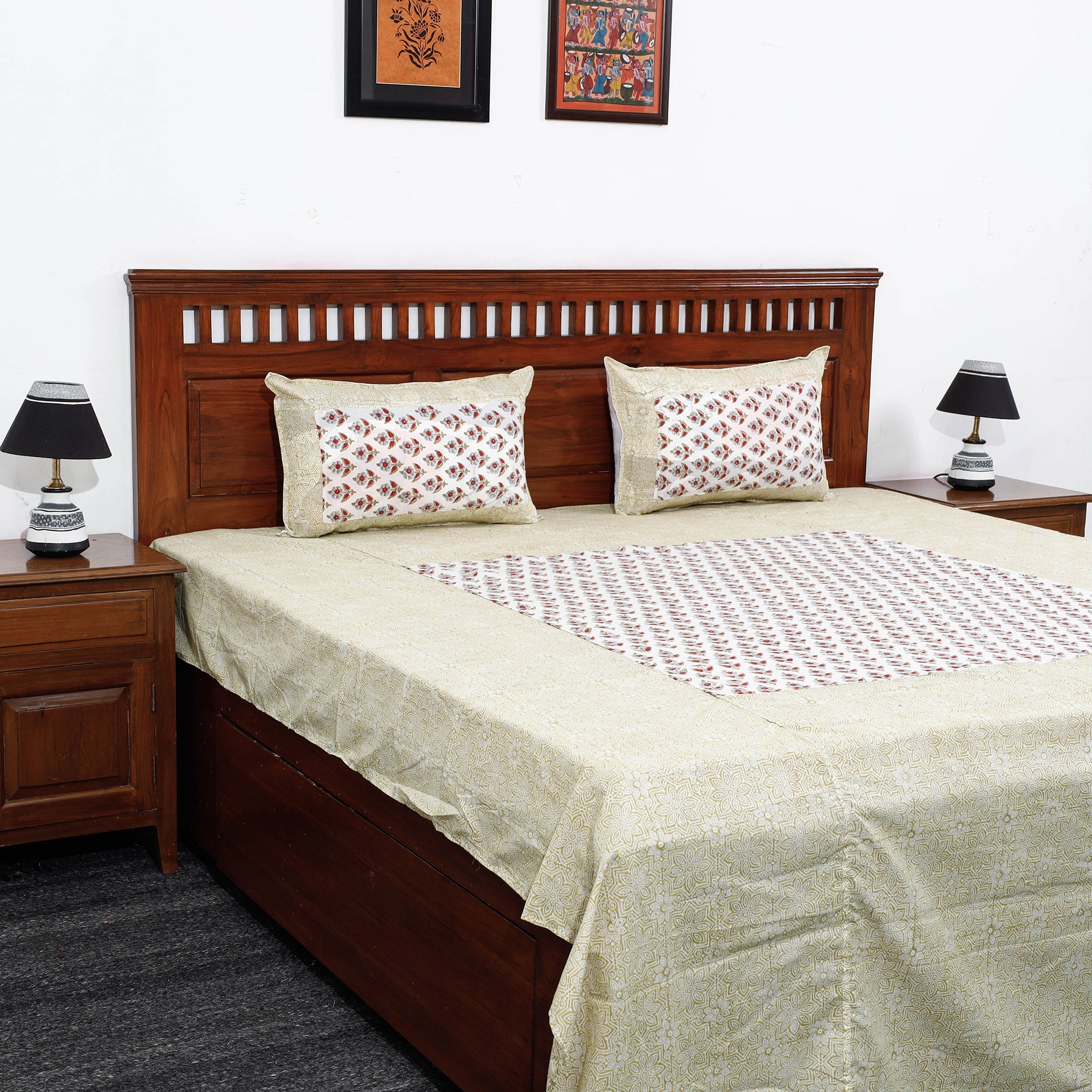 NOORI BAZAR Beige - Block Print Patchwork Cotton Sanganeri Bed Sheet